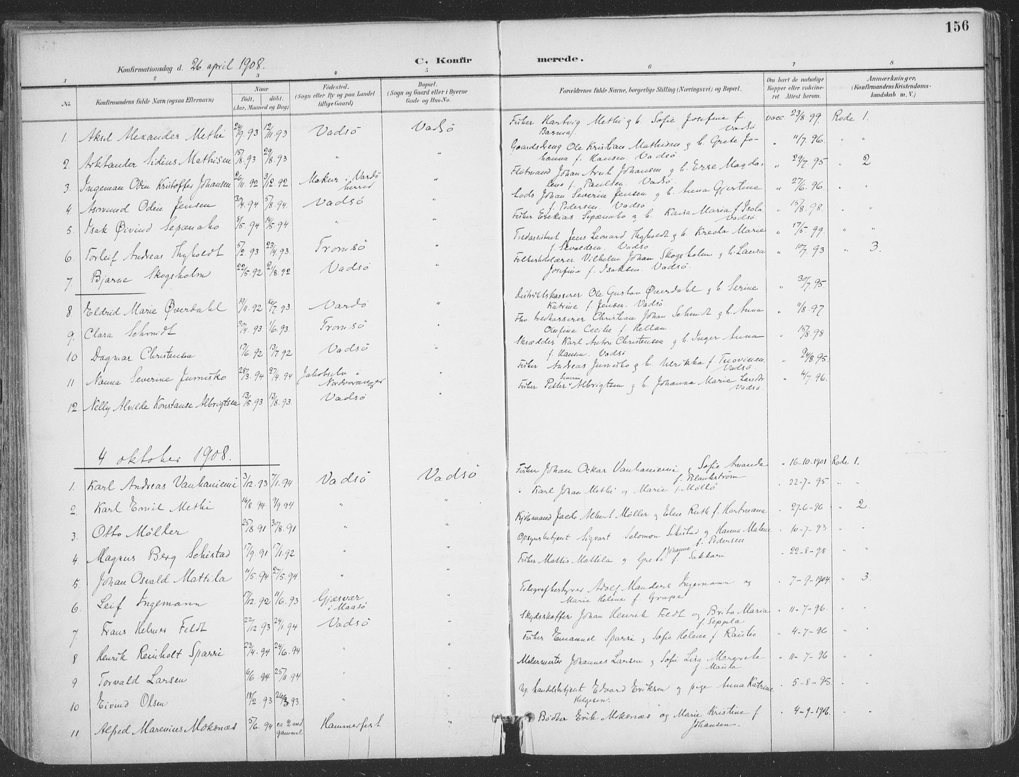 Vadsø sokneprestkontor, SATØ/S-1325/H/Ha/L0007kirke: Parish register (official) no. 7, 1896-1916, p. 156