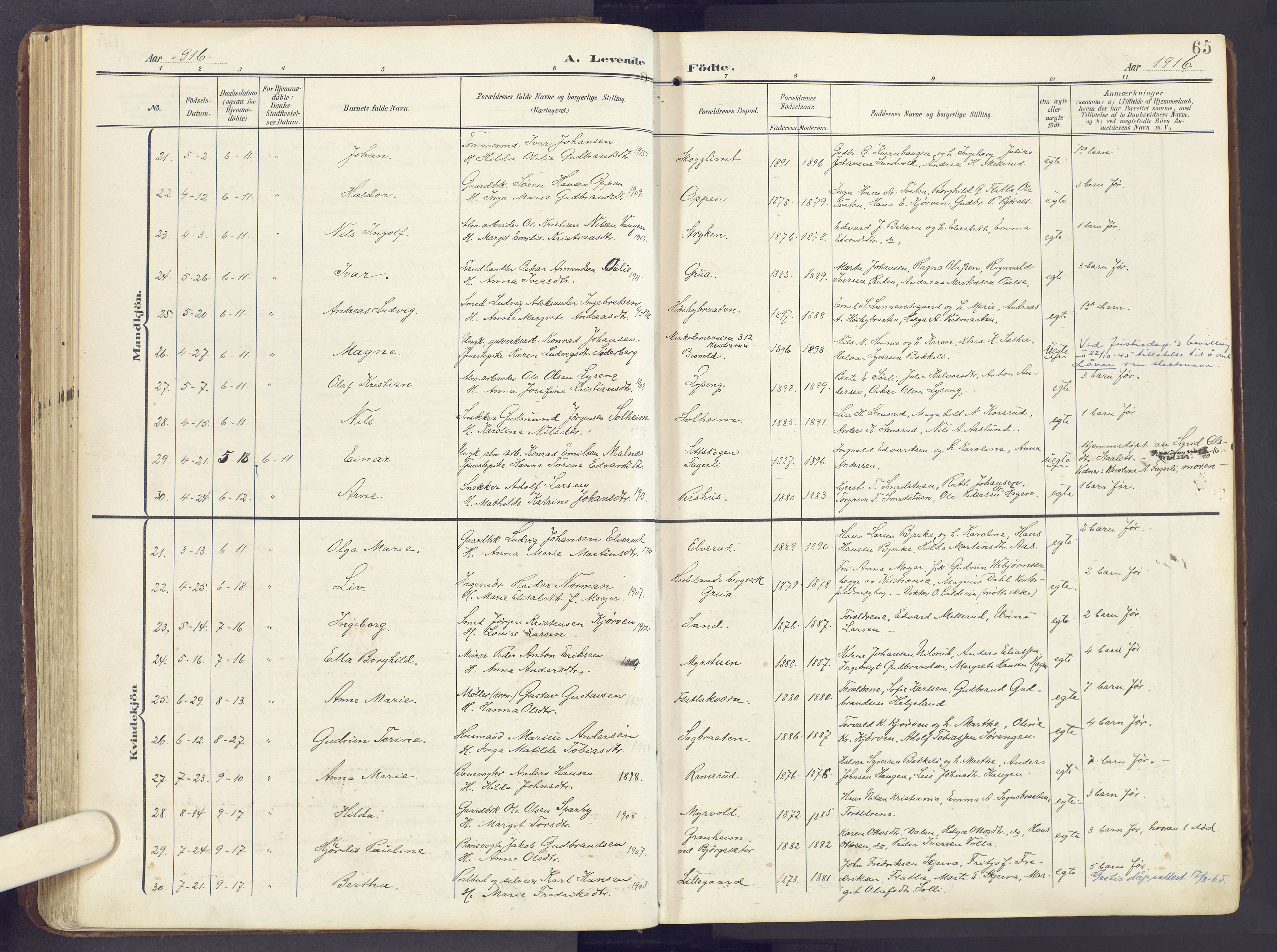 Lunner prestekontor, AV/SAH-PREST-118/H/Ha/Haa/L0001: Parish register (official) no. 1, 1907-1922, p. 65