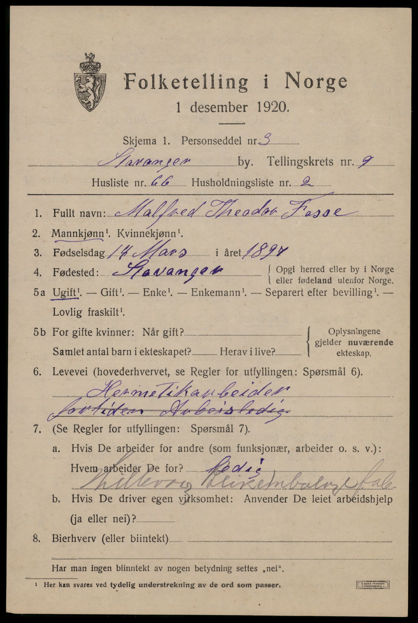 SAST, 1920 census for Stavanger, 1920, p. 50762