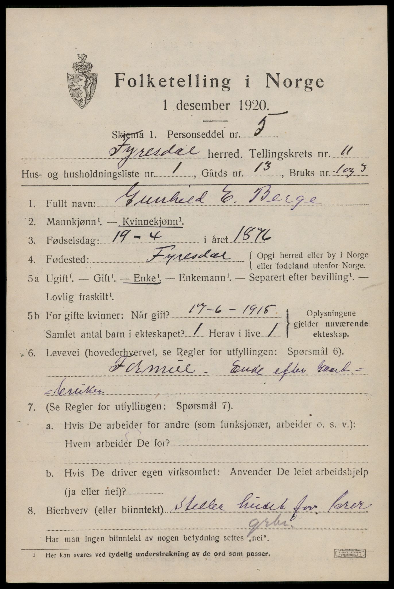 SAKO, 1920 census for Fyresdal, 1920, p. 4037