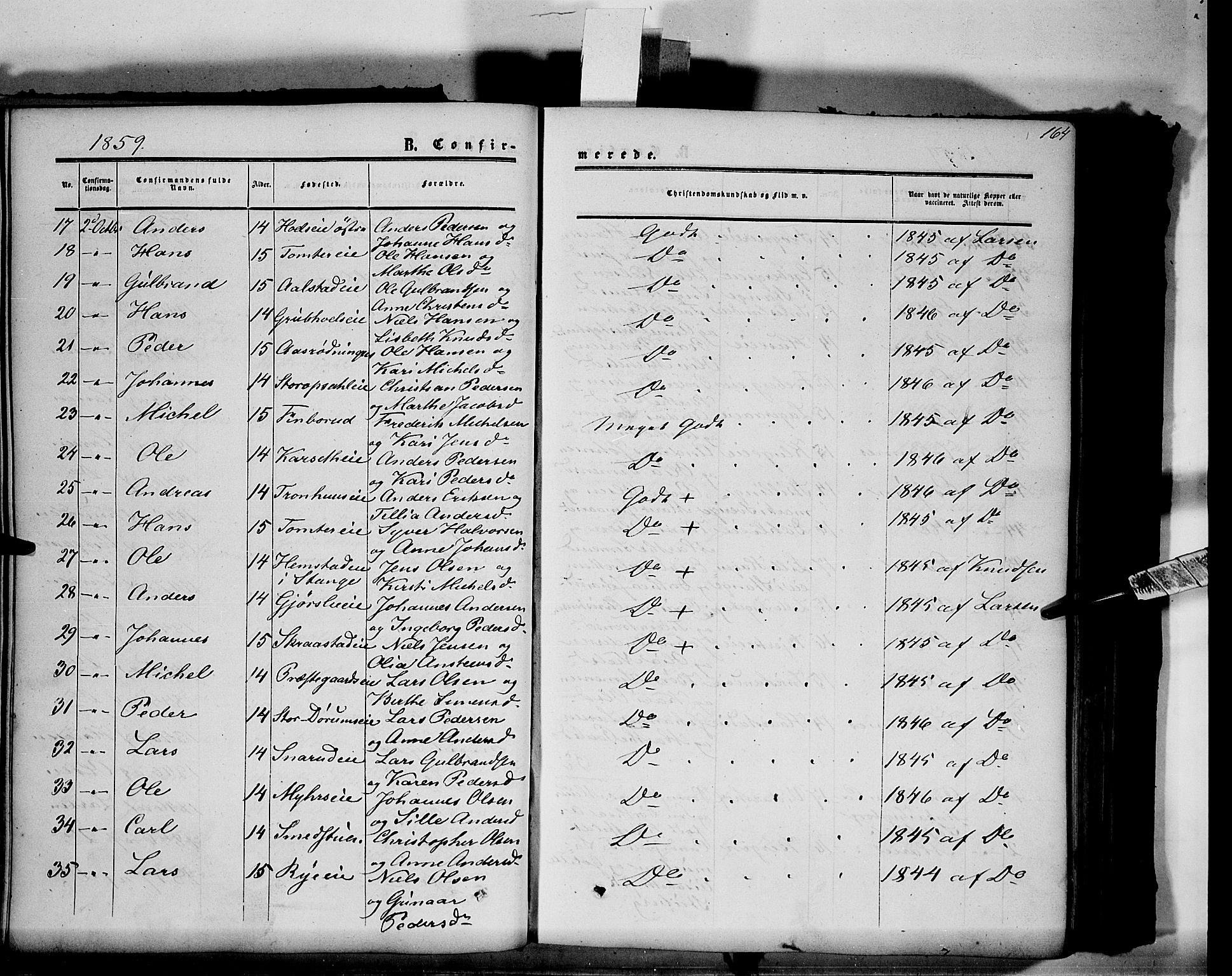 Vang prestekontor, Hedmark, SAH/PREST-008/H/Ha/Haa/L0012: Parish register (official) no. 12, 1855-1870, p. 164