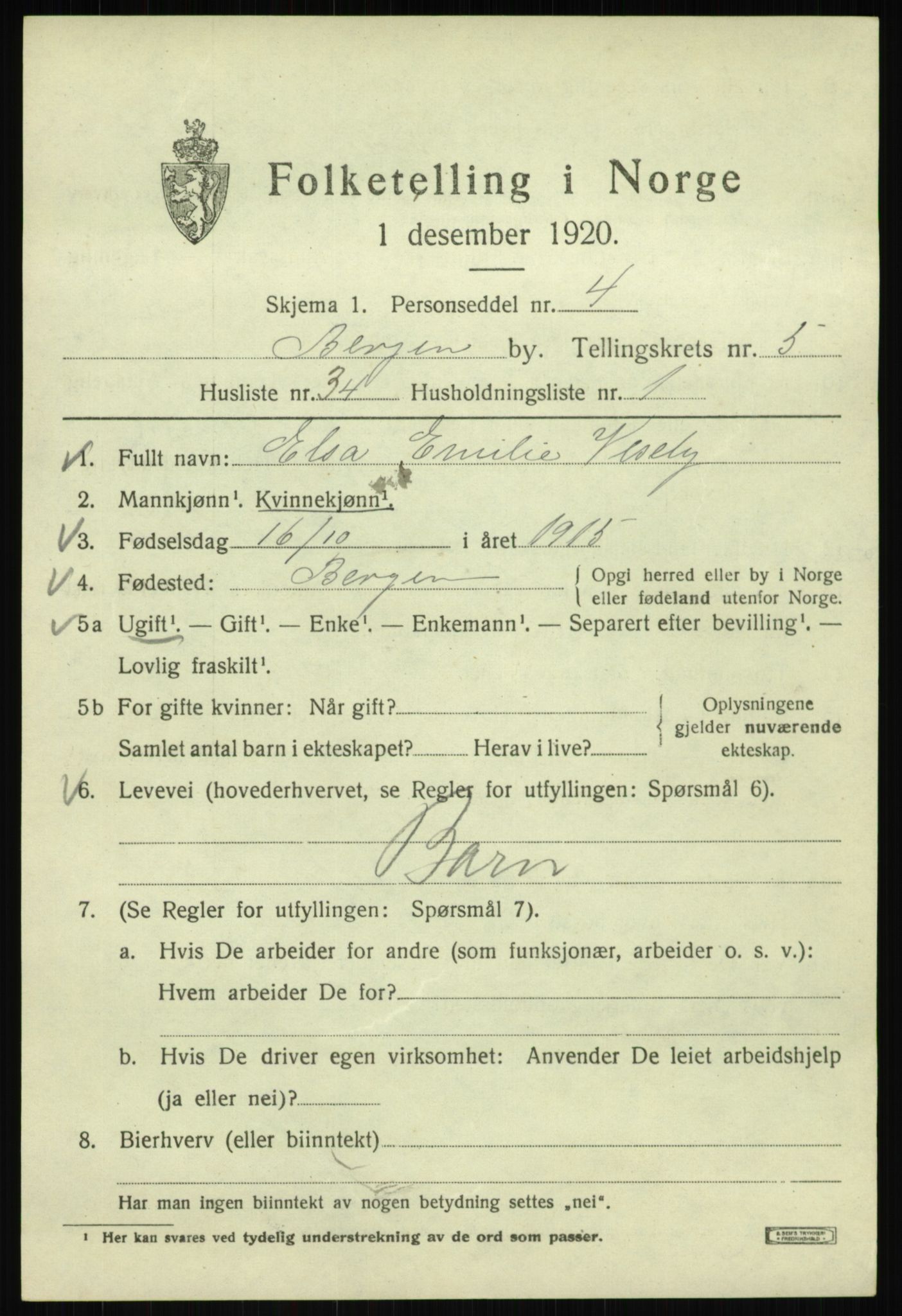 SAB, 1920 census for Bergen, 1920, p. 66026