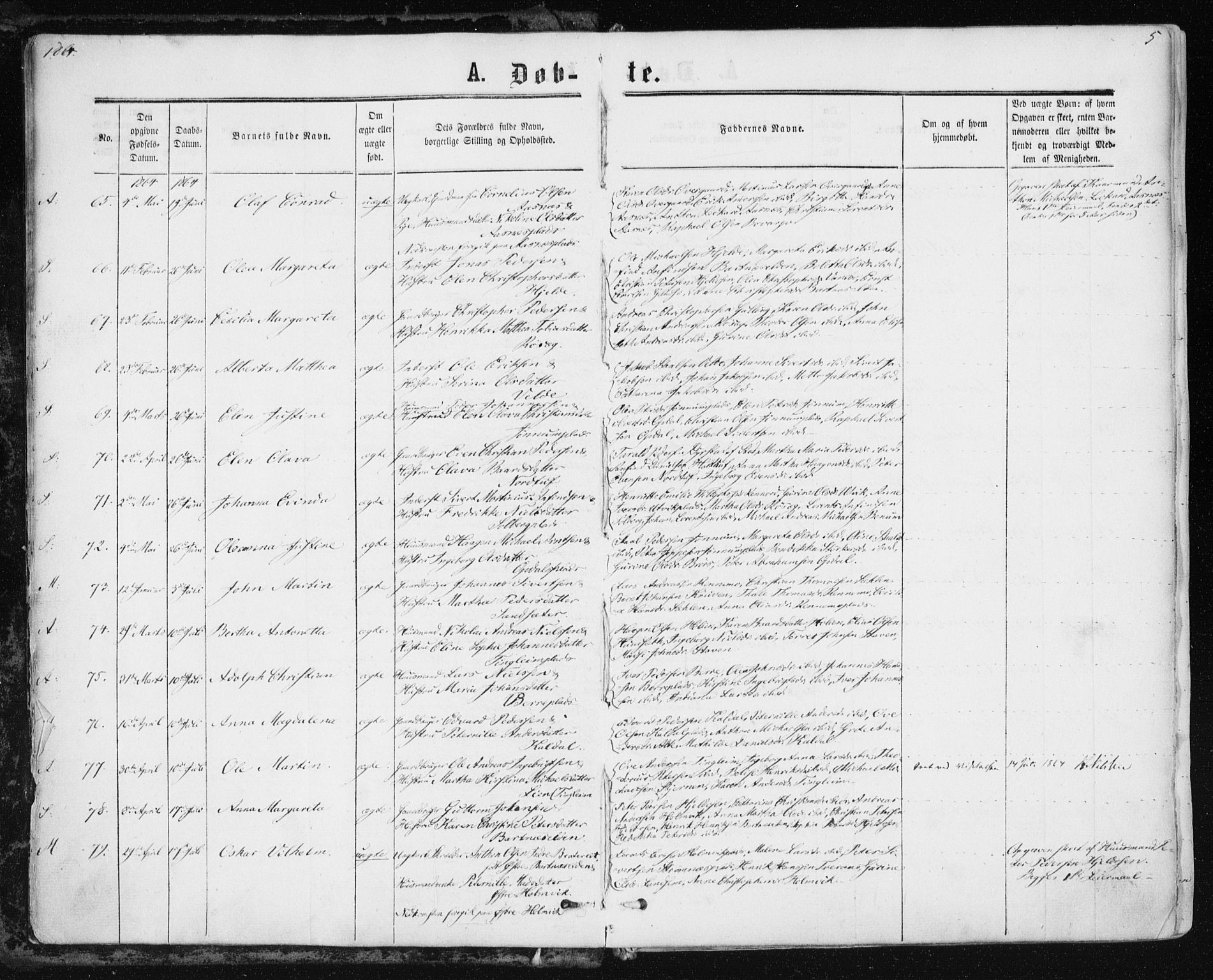 Ministerialprotokoller, klokkerbøker og fødselsregistre - Nord-Trøndelag, SAT/A-1458/741/L0394: Parish register (official) no. 741A08, 1864-1877, p. 5
