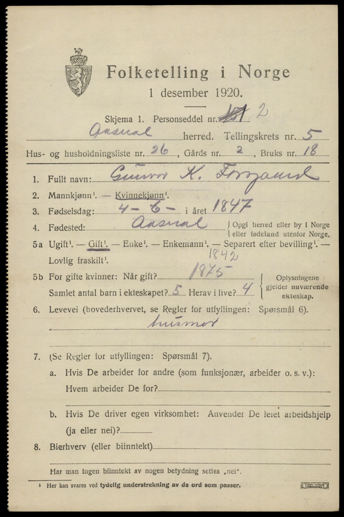 SAK, 1920 census for Åseral, 1920, p. 1764