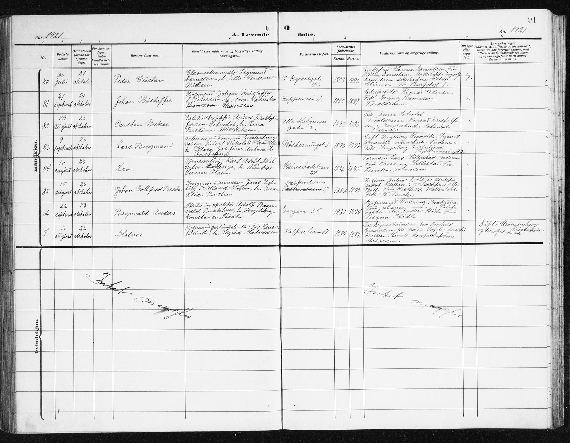 Domkirken sokneprestembete, AV/SAB-A-74801/H/Hab/L0018: Parish register (copy) no. B 11, 1915-1942, p. 91