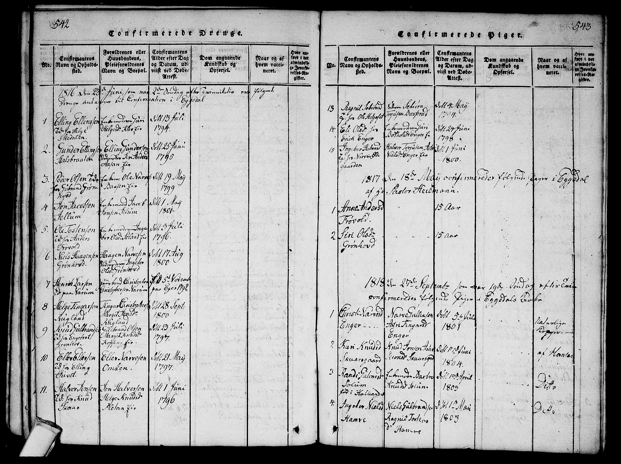 Sigdal kirkebøker, AV/SAKO-A-245/G/Ga/L0001: Parish register (copy) no. I 1 /2, 1816-1835, p. 542-543