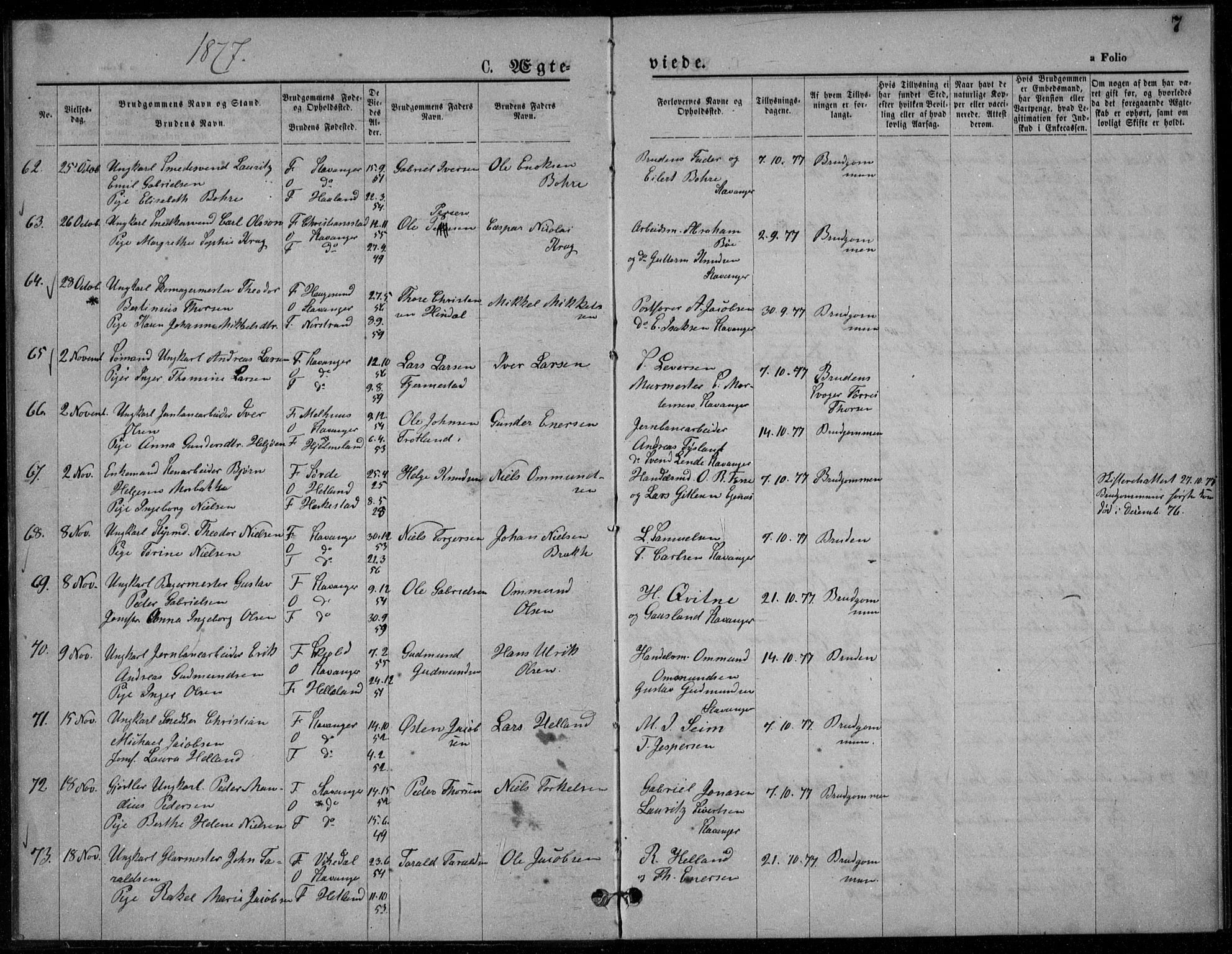 Domkirken sokneprestkontor, AV/SAST-A-101812/001/30/30BA/L0023: Parish register (official) no. A 22, 1877-1877, p. 7