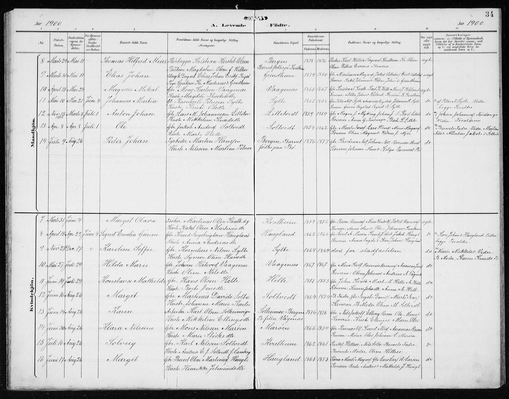 Manger sokneprestembete, AV/SAB-A-76801/H/Hab: Parish register (copy) no. B 3, 1891-1907, p. 34