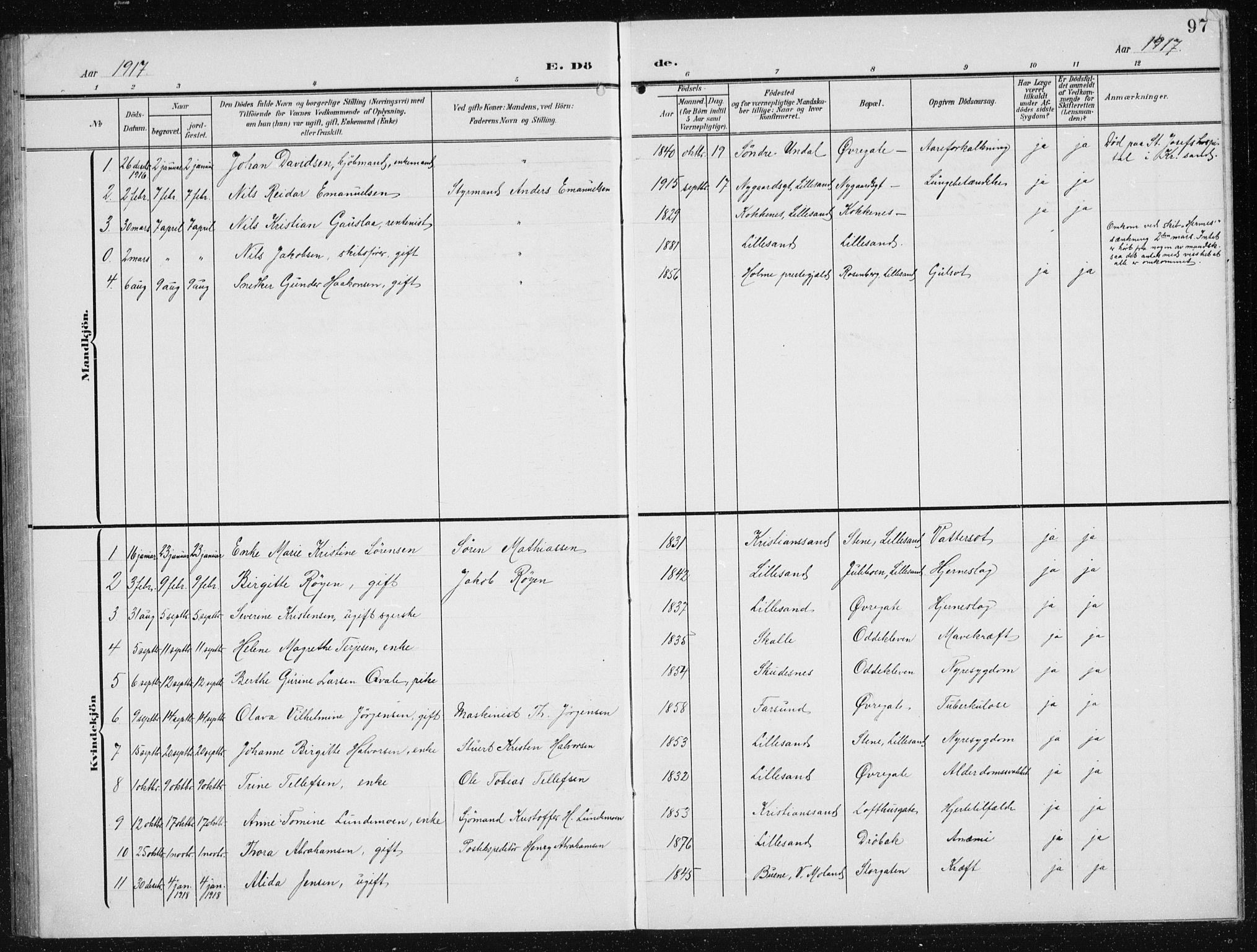 Vestre Moland sokneprestkontor, SAK/1111-0046/F/Fb/Fba/L0002: Parish register (copy) no. B 2, 1904-1934, p. 97