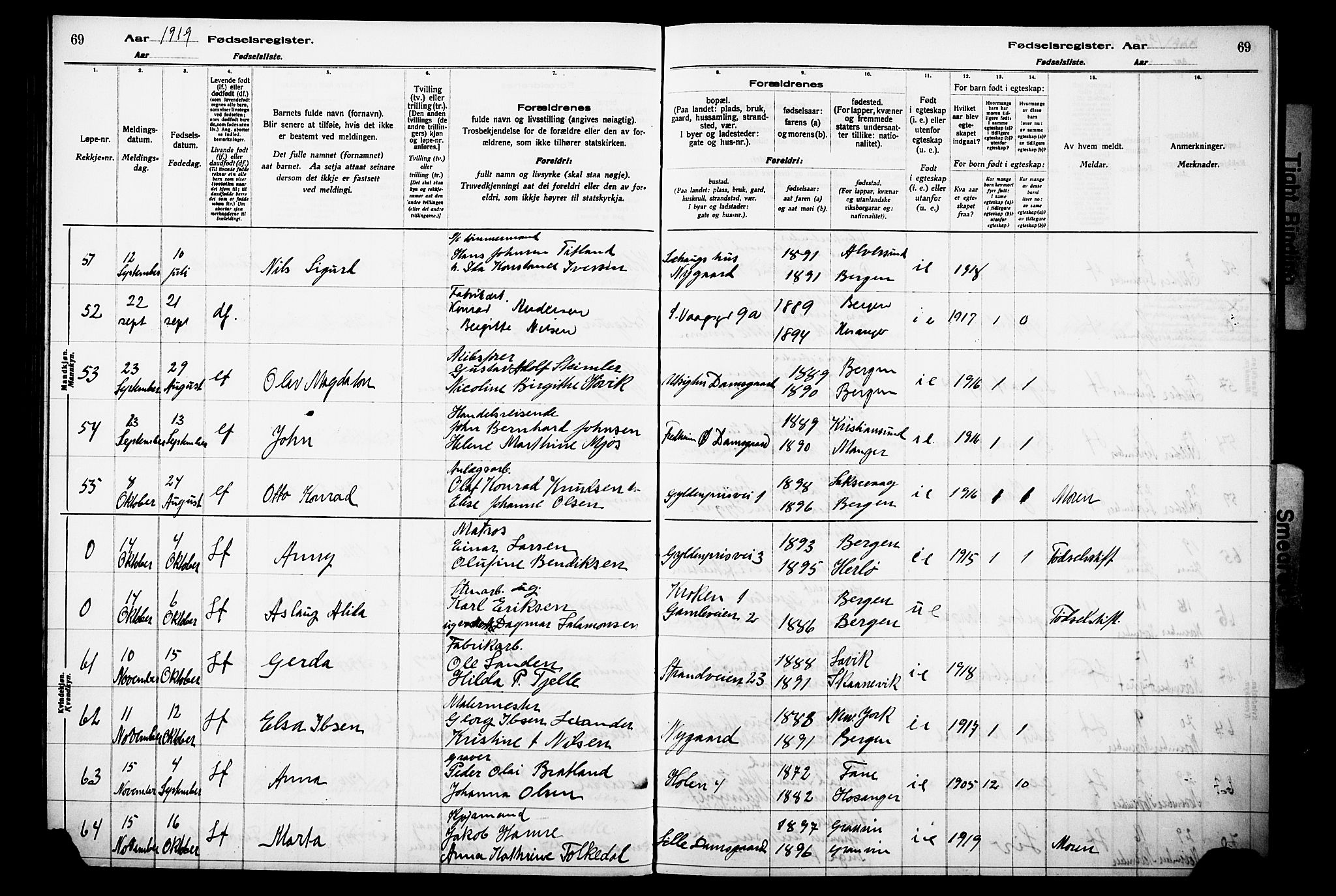 Laksevåg Sokneprestembete, AV/SAB-A-76501/I/Id/L00A1: Birth register no. A 1, 1916-1926, p. 69