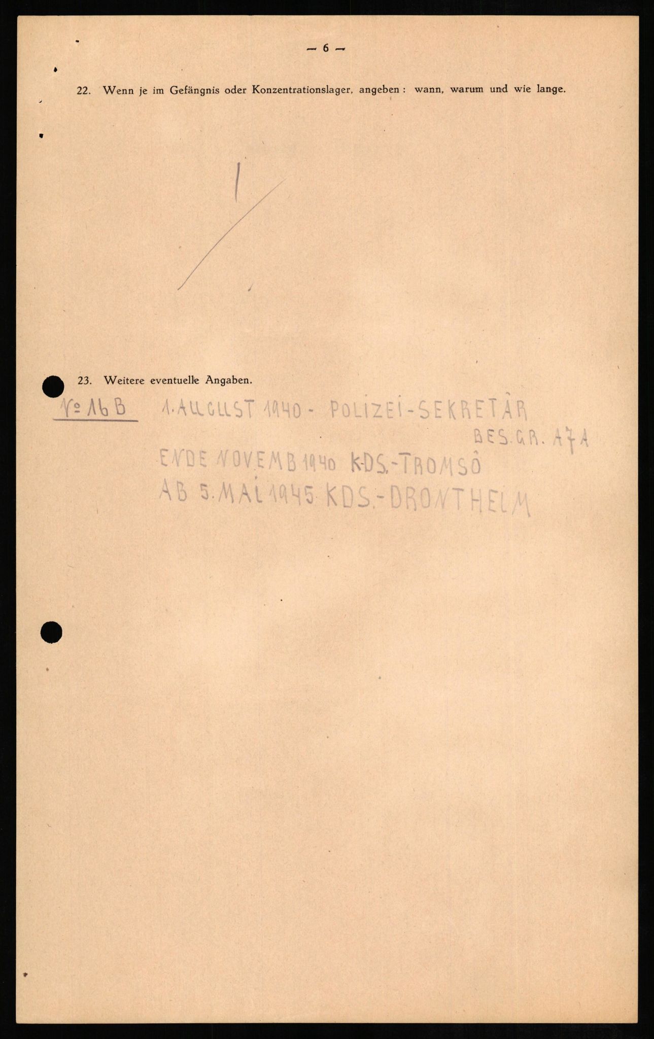 Forsvaret, Forsvarets overkommando II, RA/RAFA-3915/D/Db/L0011: CI Questionaires. Tyske okkupasjonsstyrker i Norge. Tyskere., 1945-1946, p. 310