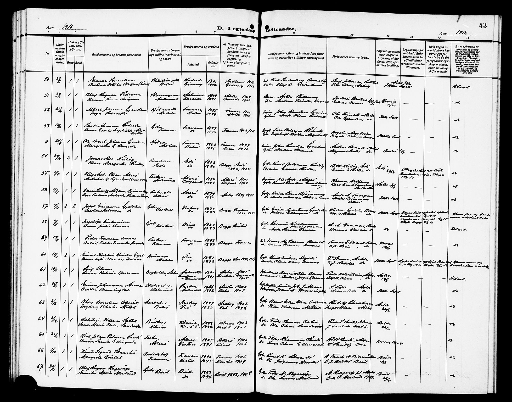 Ministerialprotokoller, klokkerbøker og fødselsregistre - Møre og Romsdal, AV/SAT-A-1454/558/L0703: Parish register (copy) no. 558C04, 1906-1921, p. 43