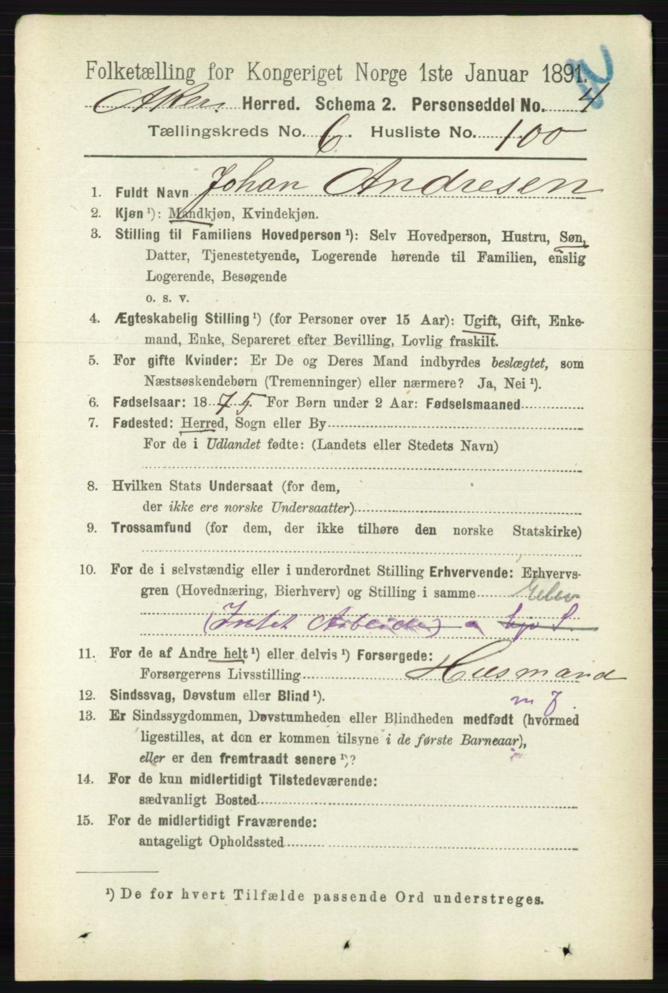 RA, 1891 census for 0218 Aker, 1891, p. 6136