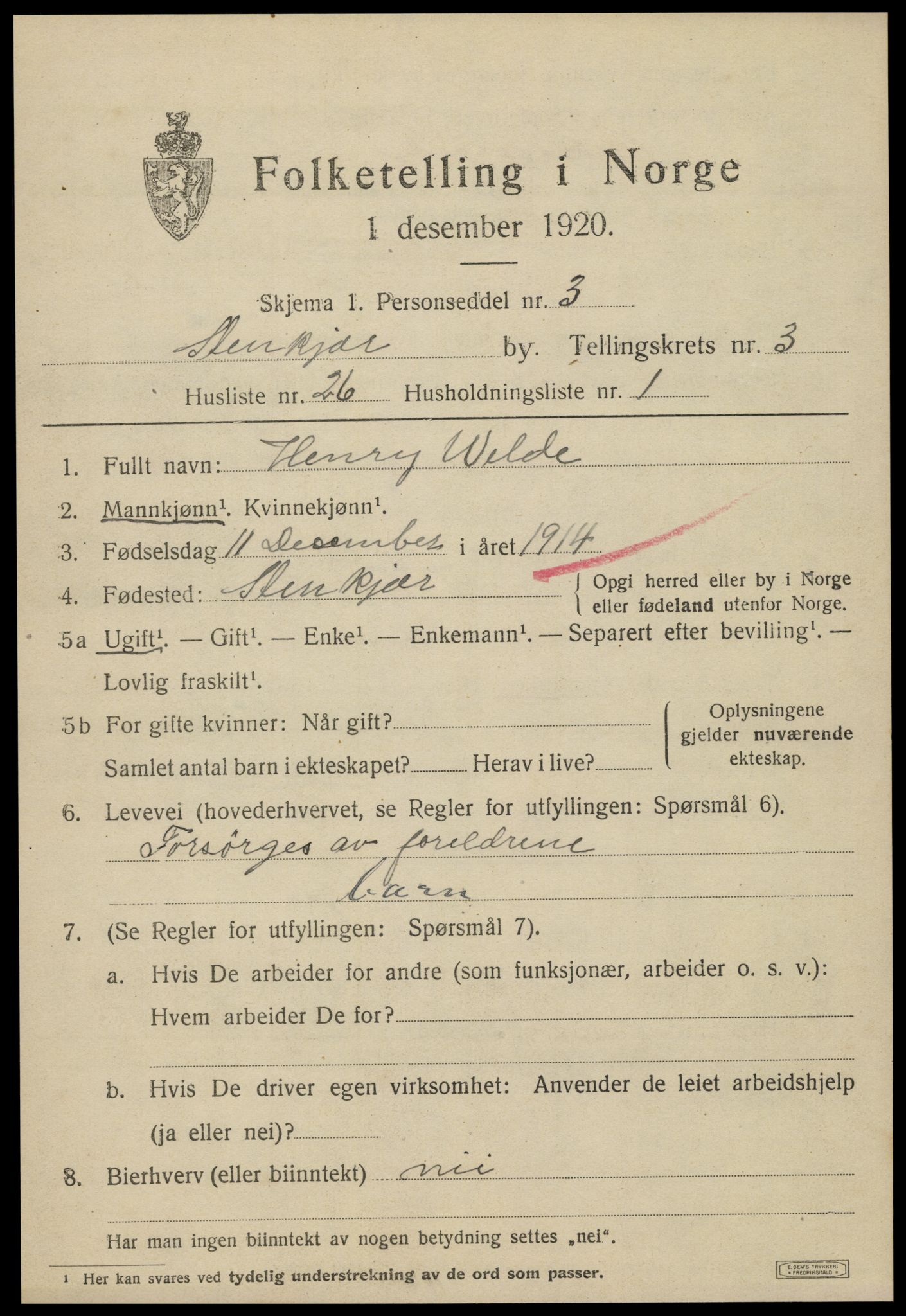 SAT, 1920 census for Steinkjer, 1920, p. 6316