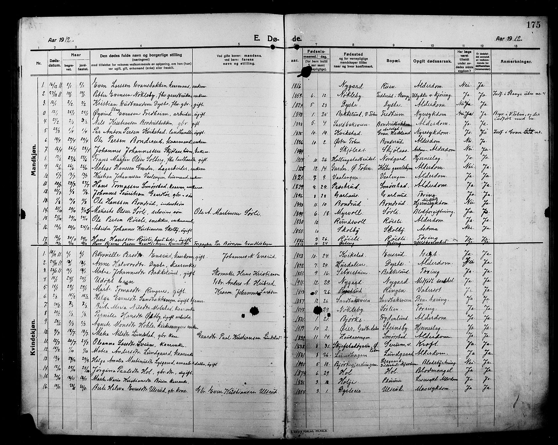 Kolbu prestekontor, SAH/PREST-110/H/Ha/Hab/L0001: Parish register (copy) no. 1, 1912-1925, p. 175