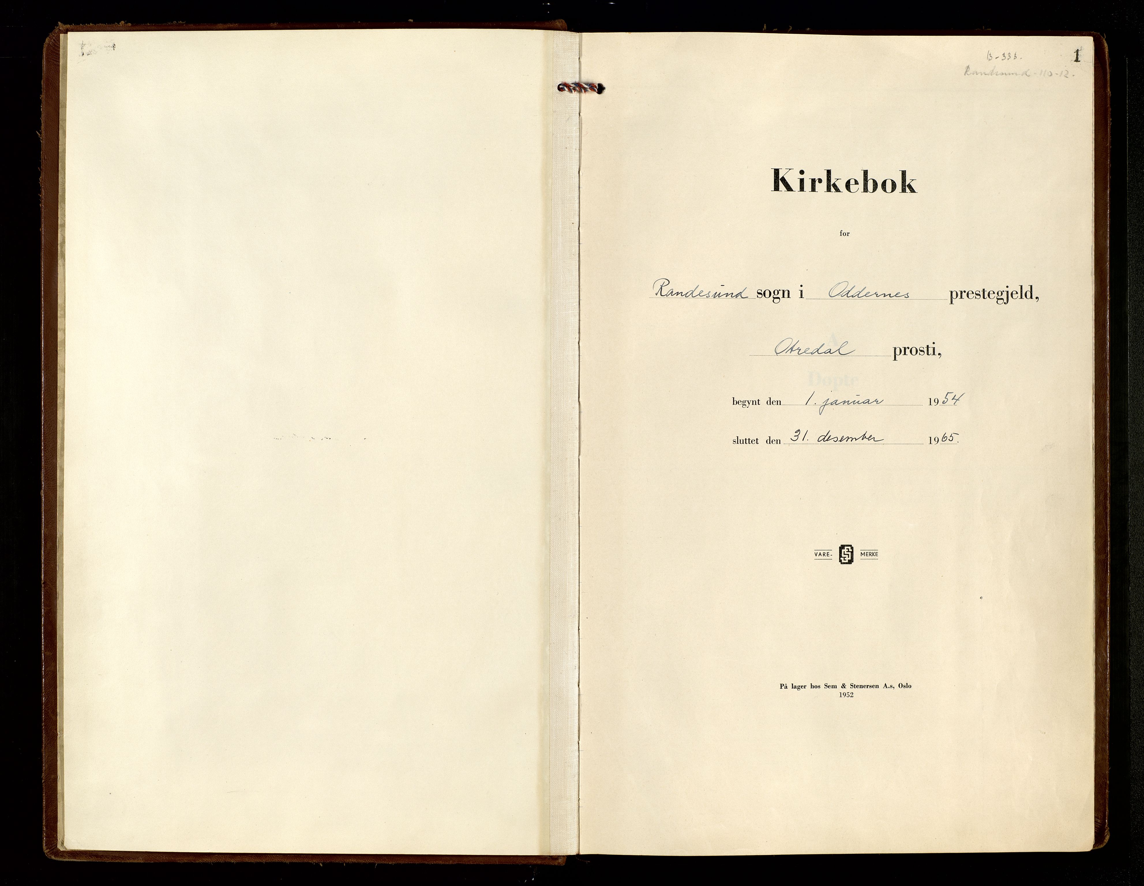 Oddernes sokneprestkontor, SAK/1111-0033/F/Fa/Fab/L0006: Parish register (official) no. A 6, 1954-1965, p. 1