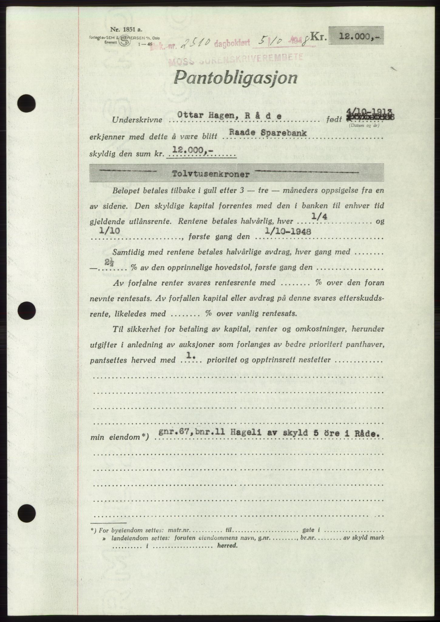 Moss sorenskriveri, AV/SAO-A-10168: Mortgage book no. B20, 1948-1948, Diary no: : 2510/1948