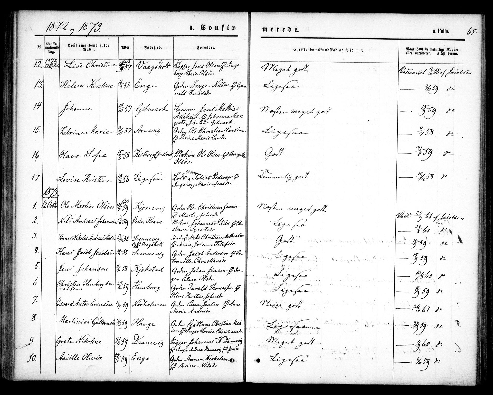 Hommedal sokneprestkontor, AV/SAK-1111-0023/F/Fa/Faa/L0002: Parish register (official) no. A 2, 1861-1884, p. 65