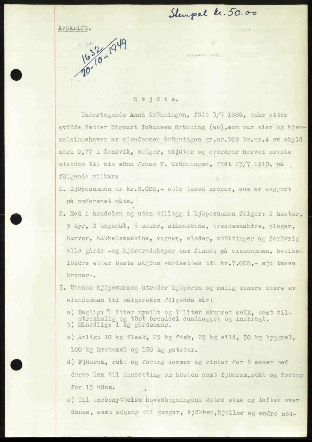 Fosen sorenskriveri, AV/SAT-A-1107/1/2/2C: Mortgage book no. A, 1946-1950, Diary no: : 1632/1949