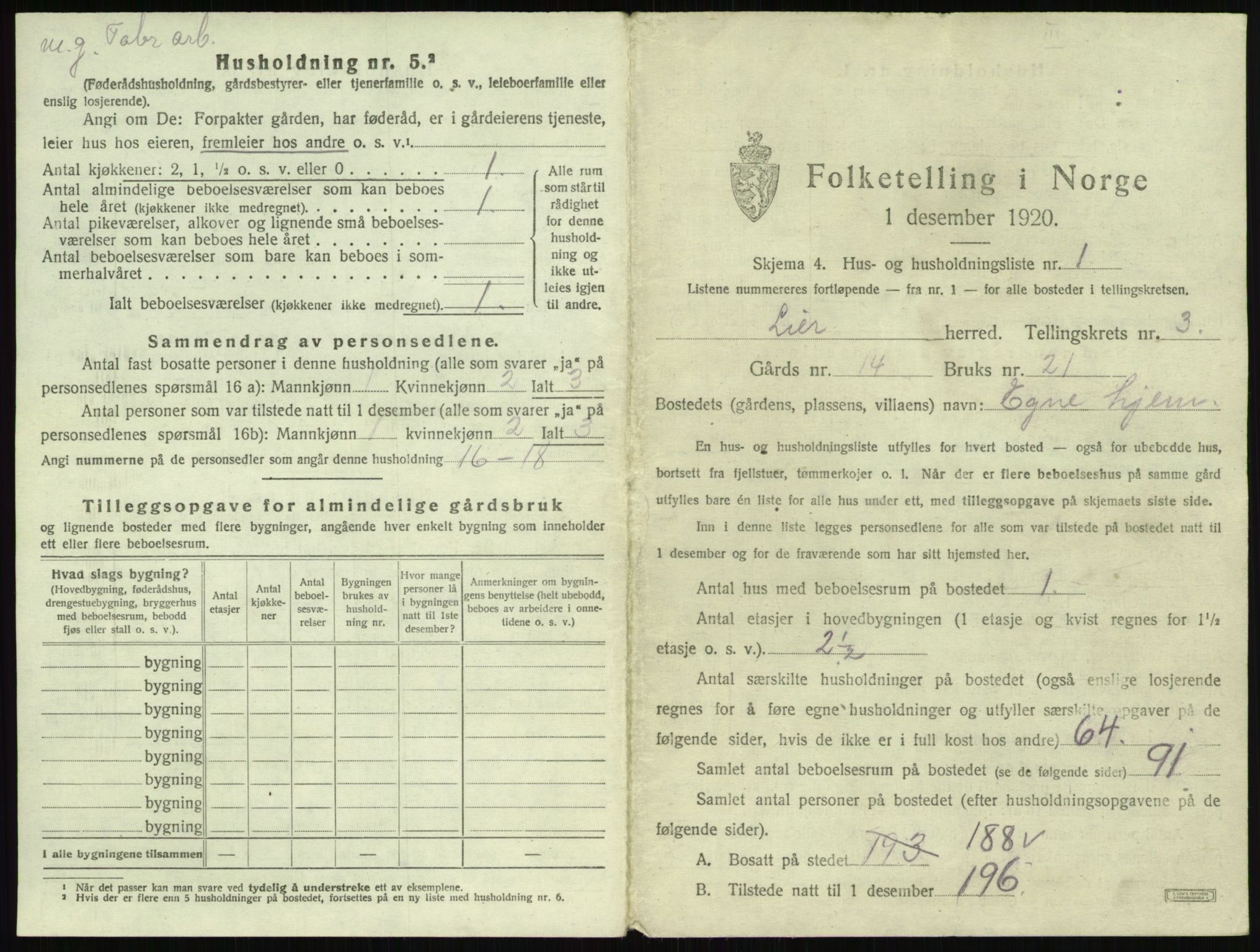 SAKO, 1920 census for Lier, 1920, p. 343