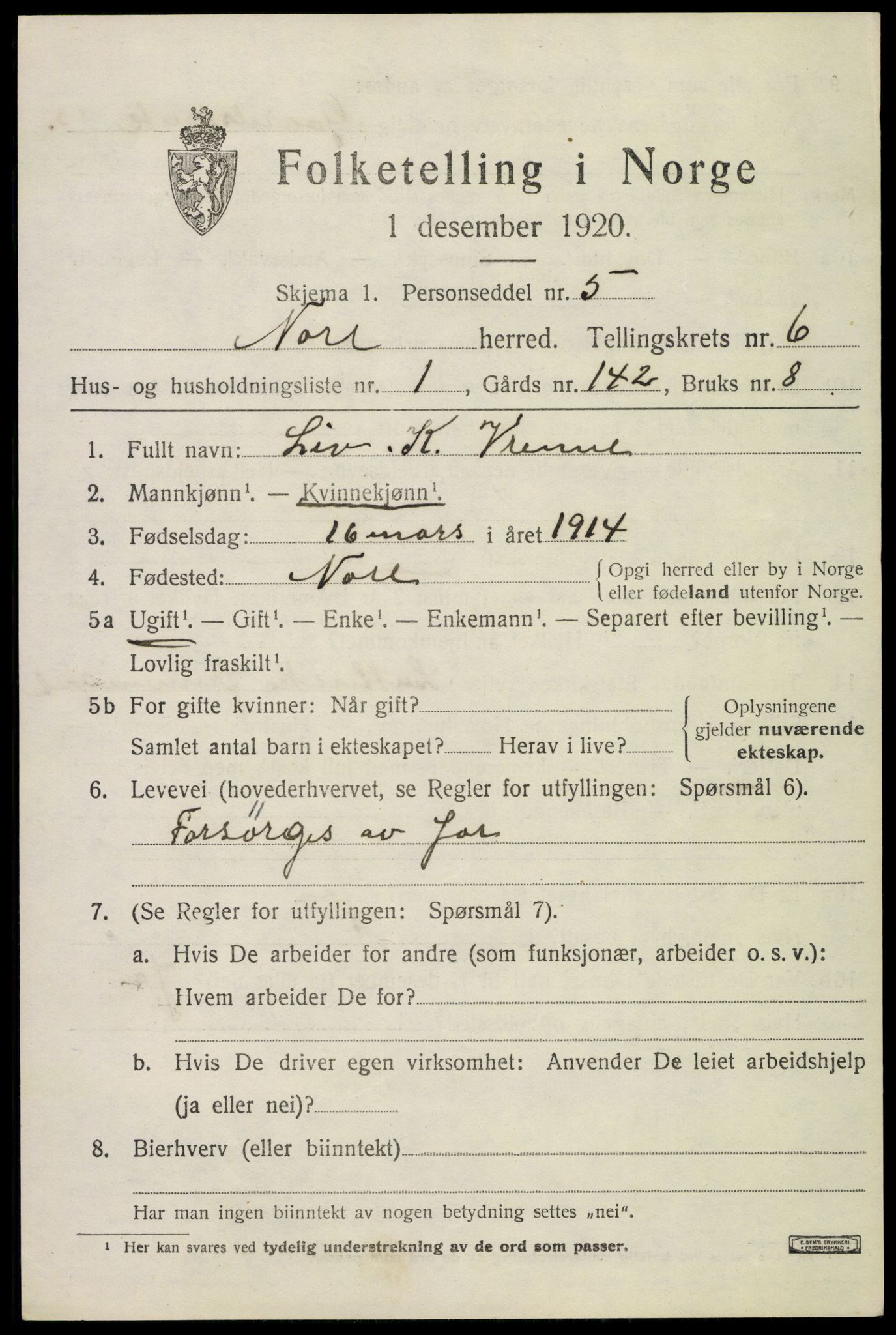 SAKO, 1920 census for Nore, 1920, p. 2486