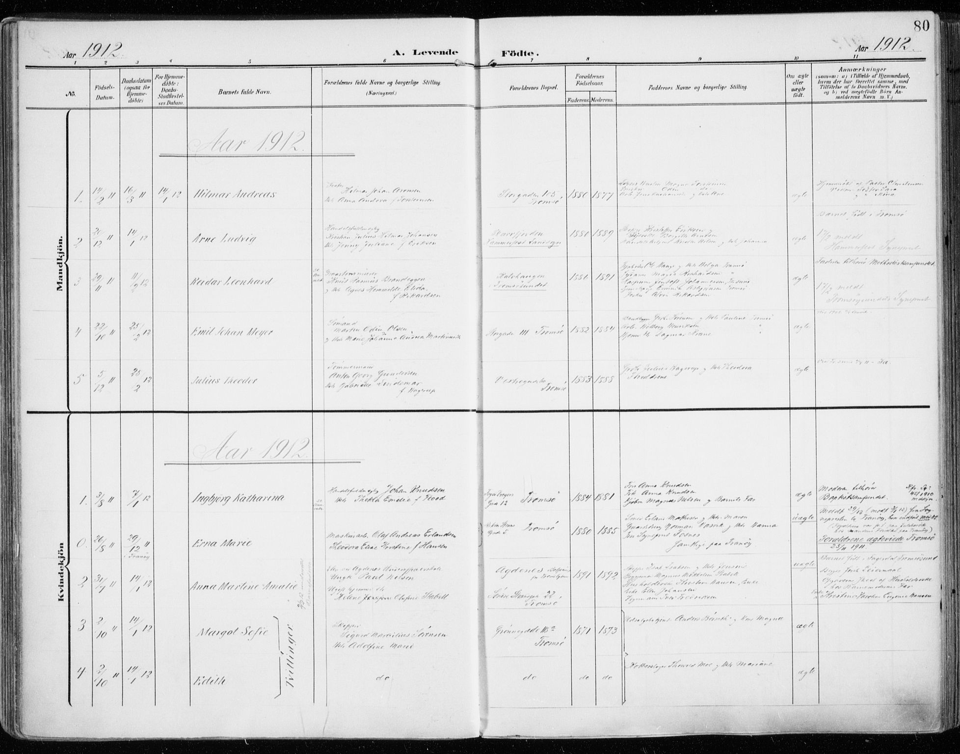 Tromsø sokneprestkontor/stiftsprosti/domprosti, AV/SATØ-S-1343/G/Ga/L0017kirke: Parish register (official) no. 17, 1907-1917, p. 80