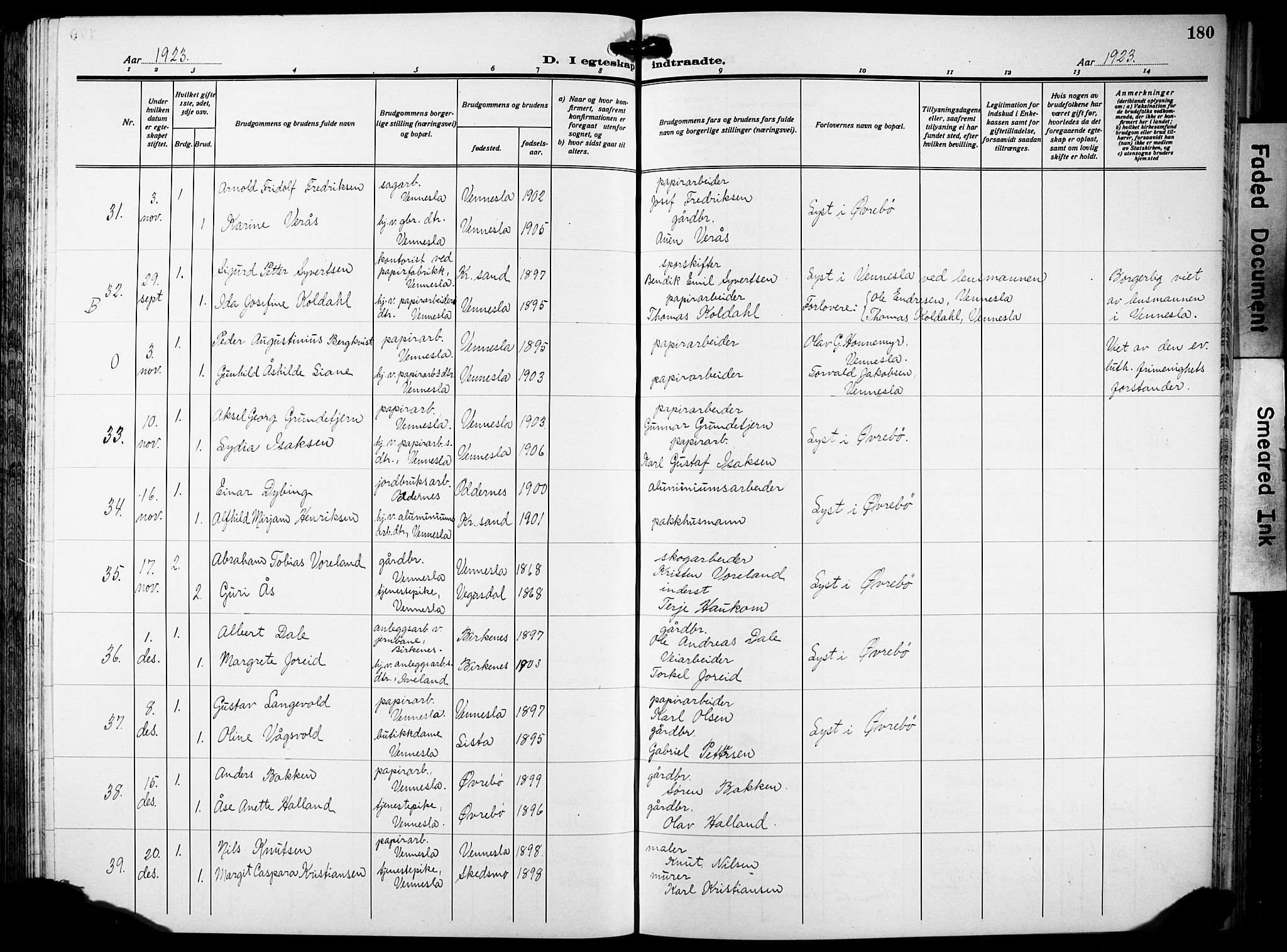 Vennesla sokneprestkontor, AV/SAK-1111-0045/Fb/Fbb/L0007: Parish register (copy) no. B 7, 1922-1933, p. 180