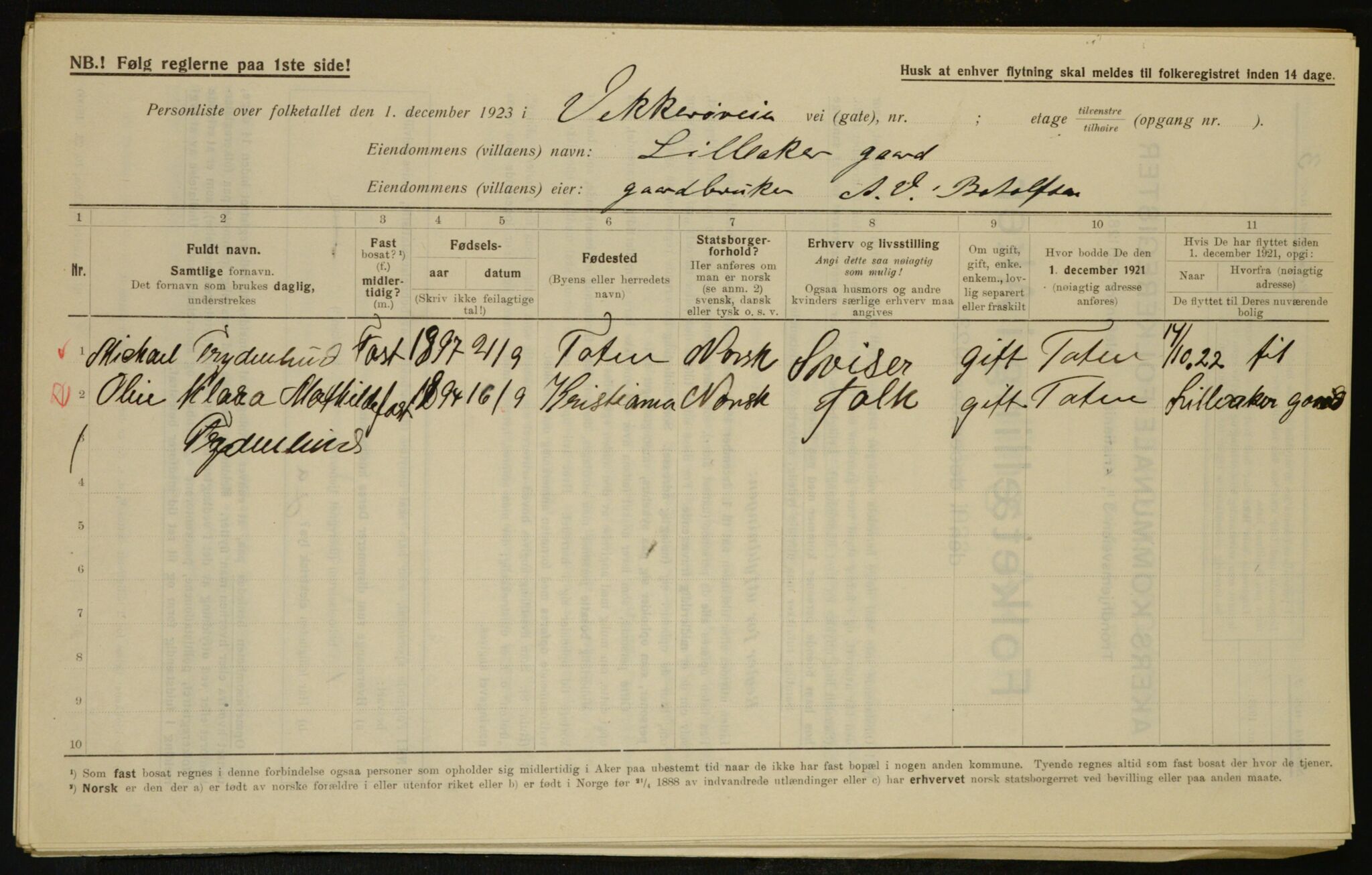 , Municipal Census 1923 for Aker, 1923, p. 7022