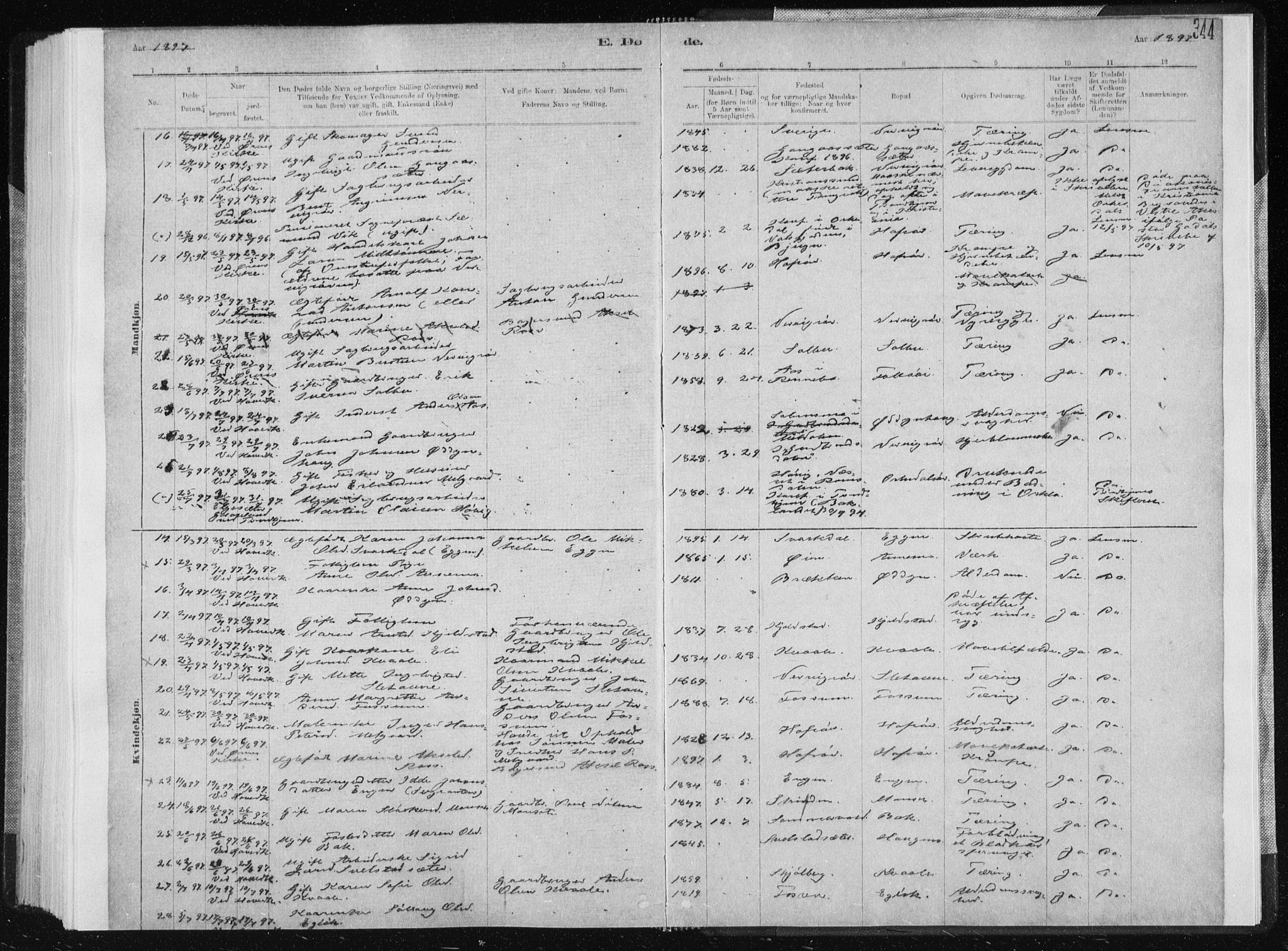 Ministerialprotokoller, klokkerbøker og fødselsregistre - Sør-Trøndelag, SAT/A-1456/668/L0818: Parish register (copy) no. 668C07, 1885-1898, p. 344