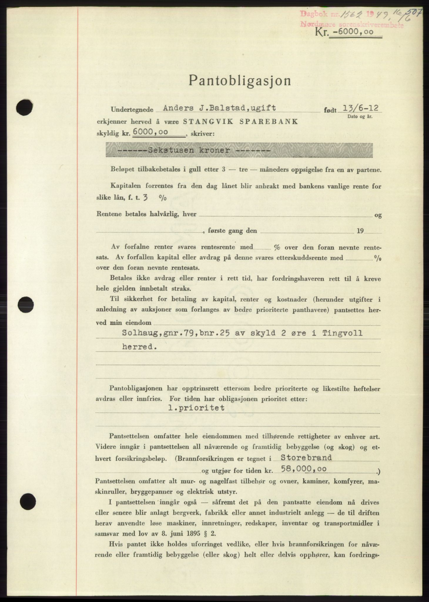 Nordmøre sorenskriveri, AV/SAT-A-4132/1/2/2Ca: Mortgage book no. B101, 1949-1949, Diary no: : 1562/1949