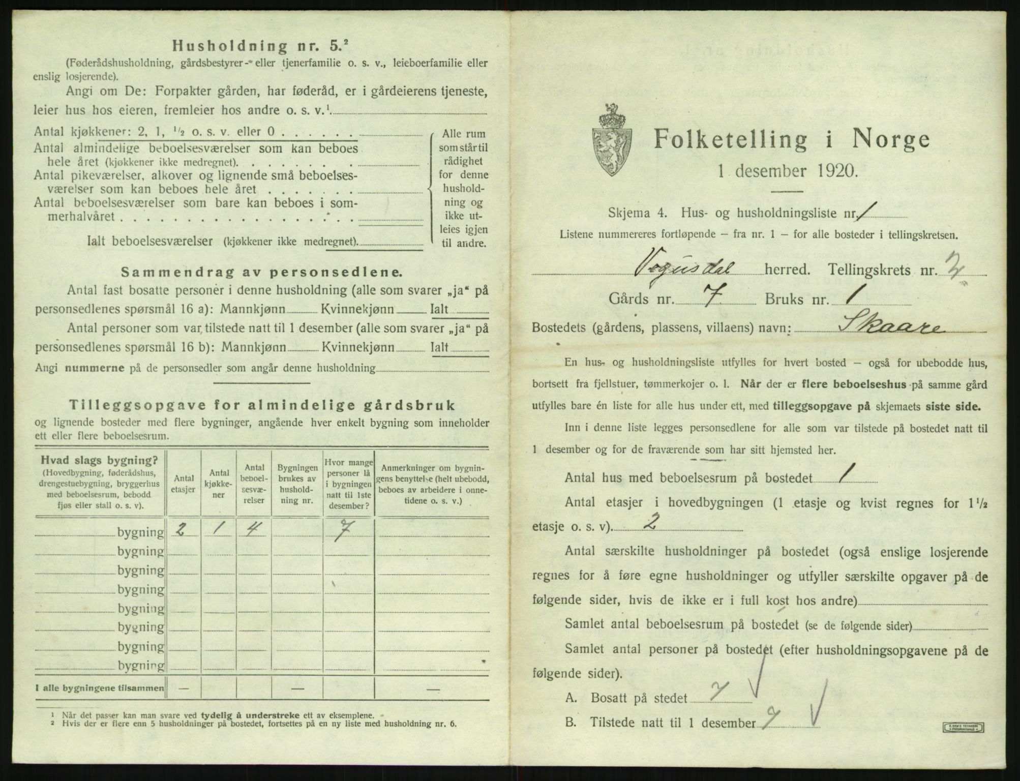 SAK, 1920 census for Vegusdal, 1920, p. 89