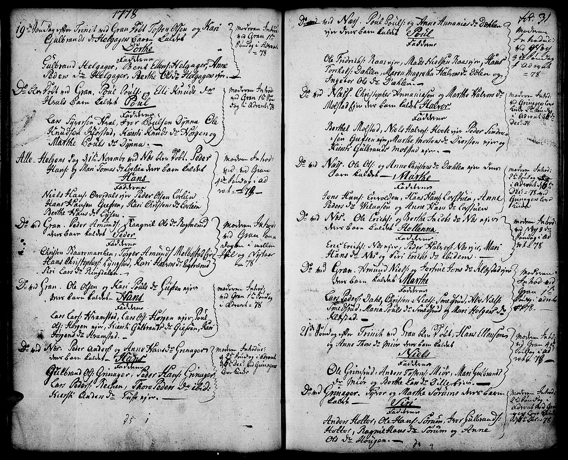 Gran prestekontor, AV/SAH-PREST-112/H/Ha/Haa/L0005: Parish register (official) no. 5, 1776-1788, p. 31