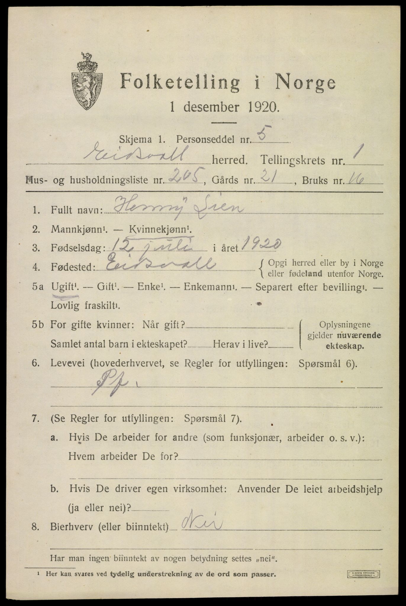 SAO, 1920 census for Eidsvoll, 1920, p. 6455