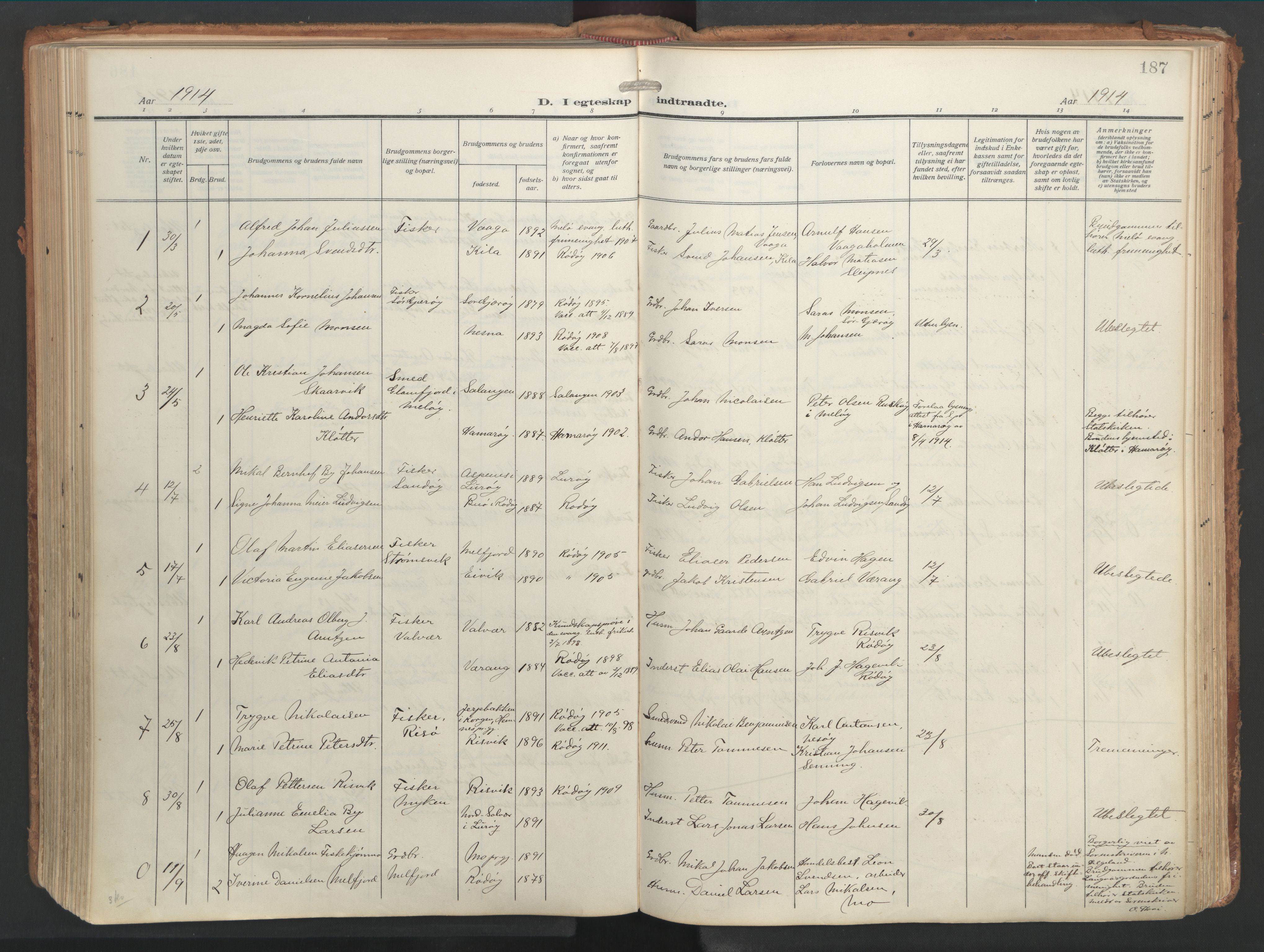 Ministerialprotokoller, klokkerbøker og fødselsregistre - Nordland, SAT/A-1459/841/L0614: Parish register (official) no. 841A17, 1911-1925, p. 187