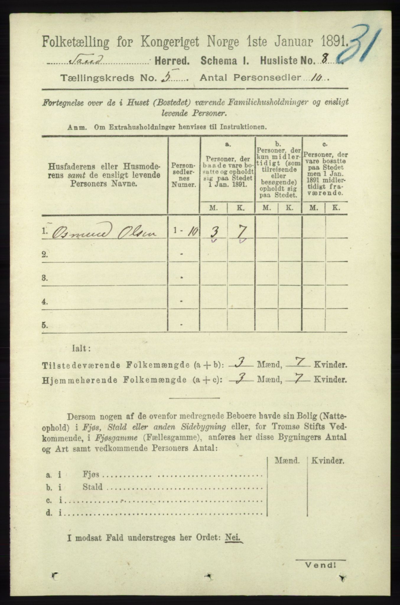 RA, 1891 census for 1136 Sand, 1891, p. 1492