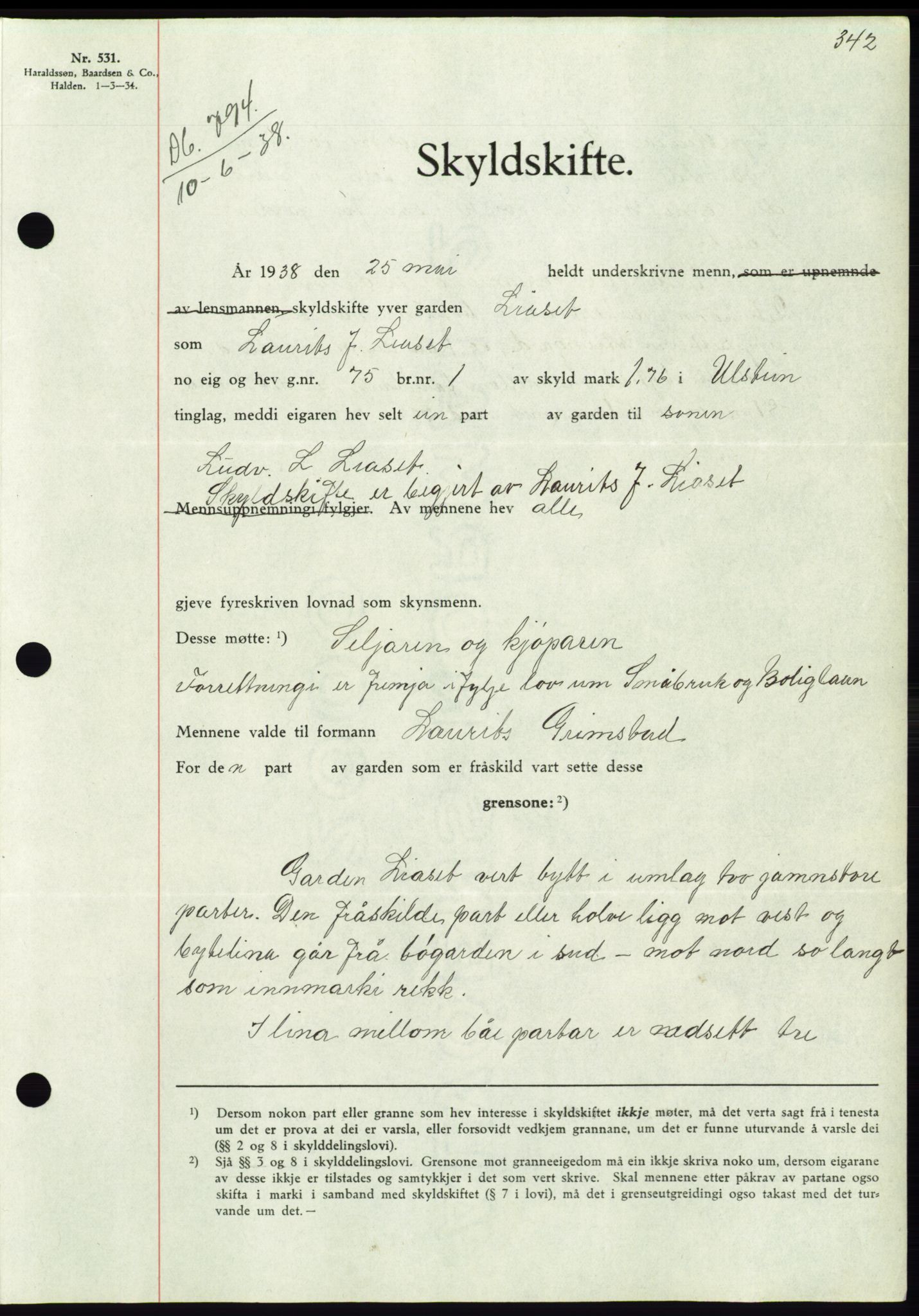 Søre Sunnmøre sorenskriveri, AV/SAT-A-4122/1/2/2C/L0065: Mortgage book no. 59, 1938-1938, Diary no: : 794/1938