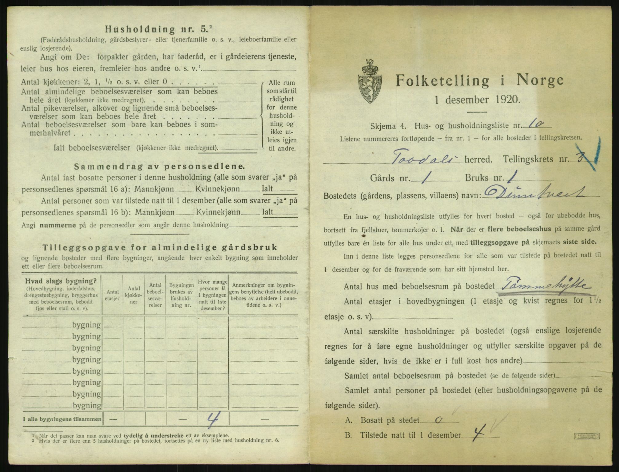 SAK, 1920 census for Tovdal, 1920, p. 37