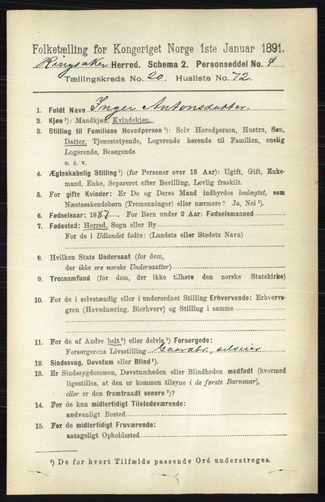 RA, 1891 census for 0412 Ringsaker, 1891, p. 11567