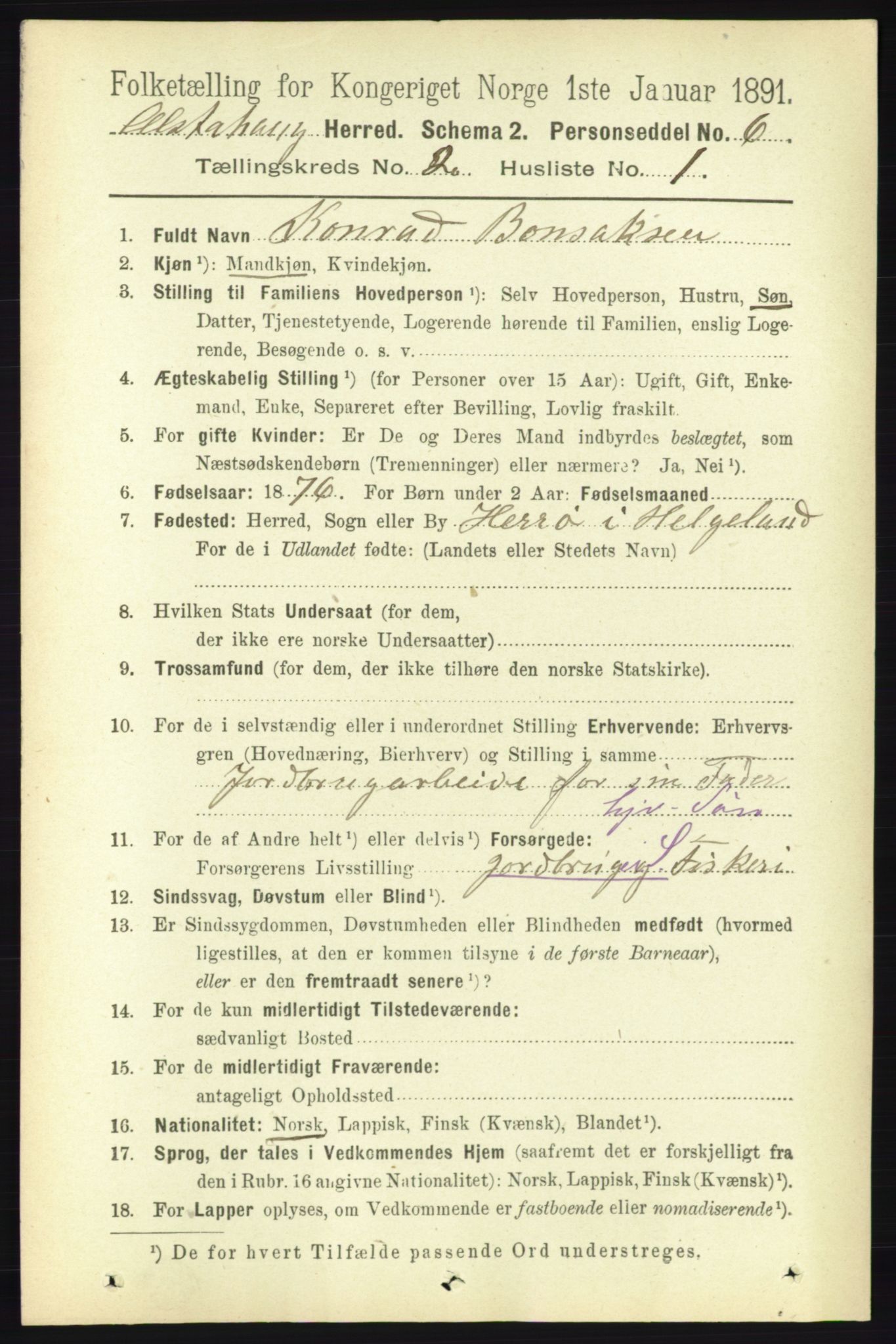 RA, 1891 census for 1820 Alstahaug, 1891, p. 506