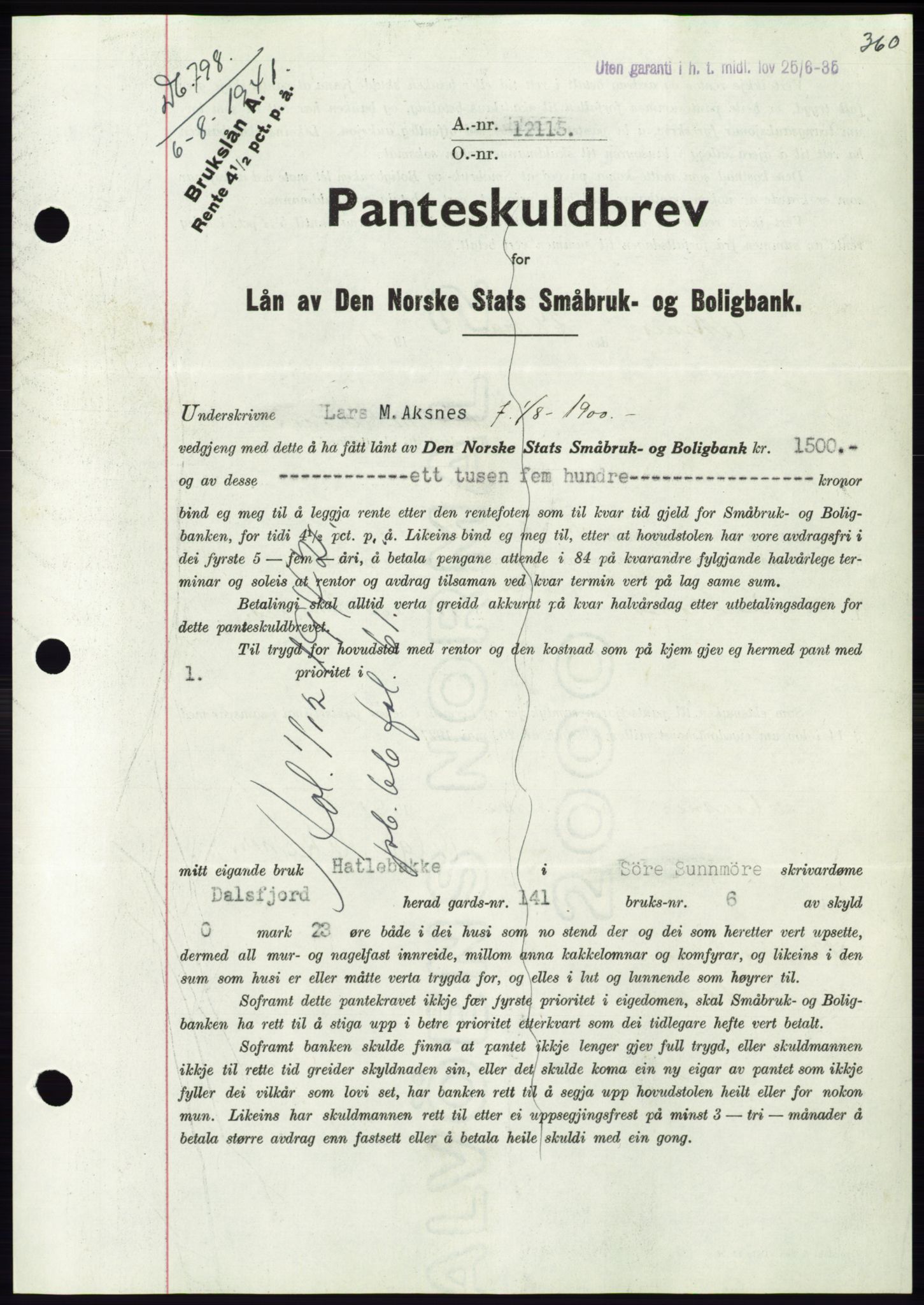 Søre Sunnmøre sorenskriveri, AV/SAT-A-4122/1/2/2C/L0071: Mortgage book no. 65, 1941-1941, Diary no: : 798/1941