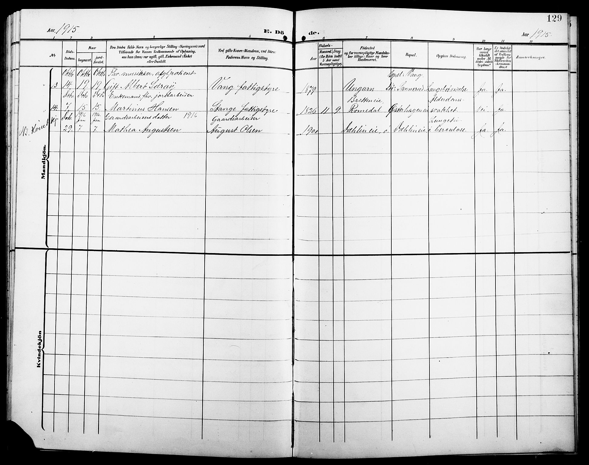 Stange prestekontor, AV/SAH-PREST-002/L/L0013: Parish register (copy) no. 13, 1906-1915, p. 129