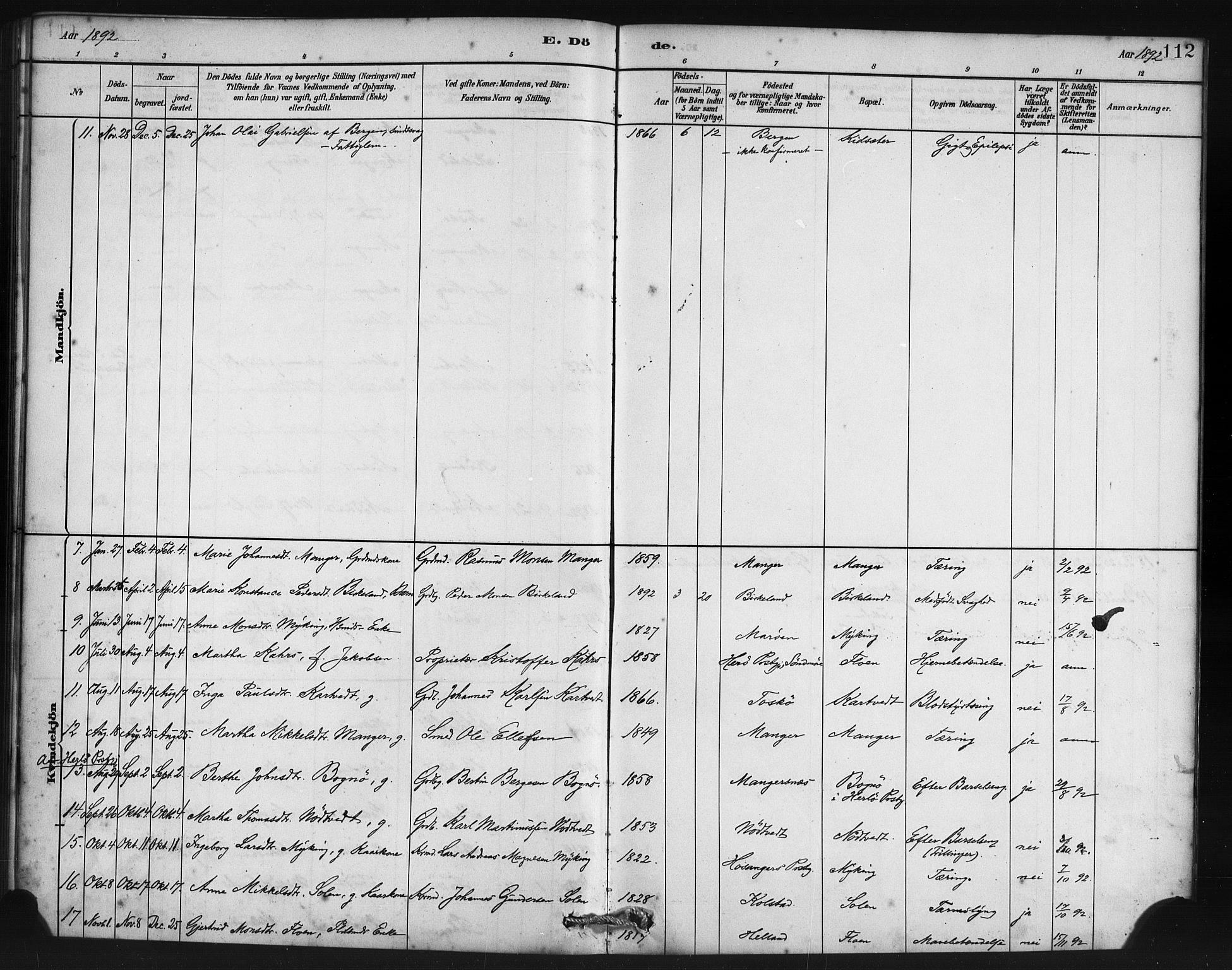 Manger sokneprestembete, AV/SAB-A-76801/H/Haa: Parish register (official) no. B 1, 1881-1892, p. 112