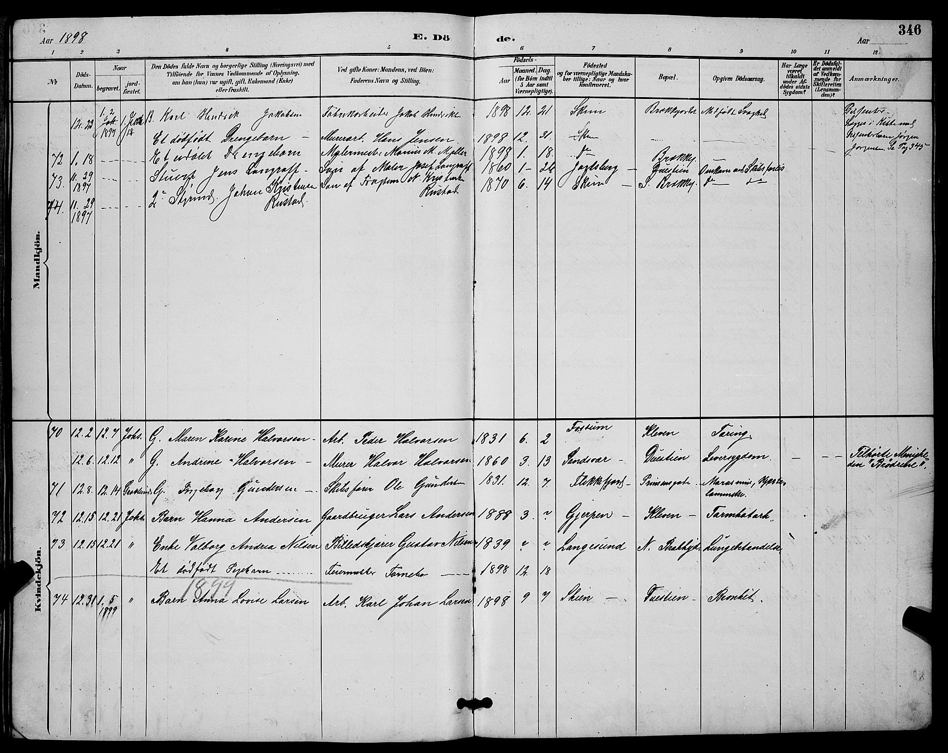 Skien kirkebøker, SAKO/A-302/G/Ga/L0007: Parish register (copy) no. 7, 1891-1900, p. 346