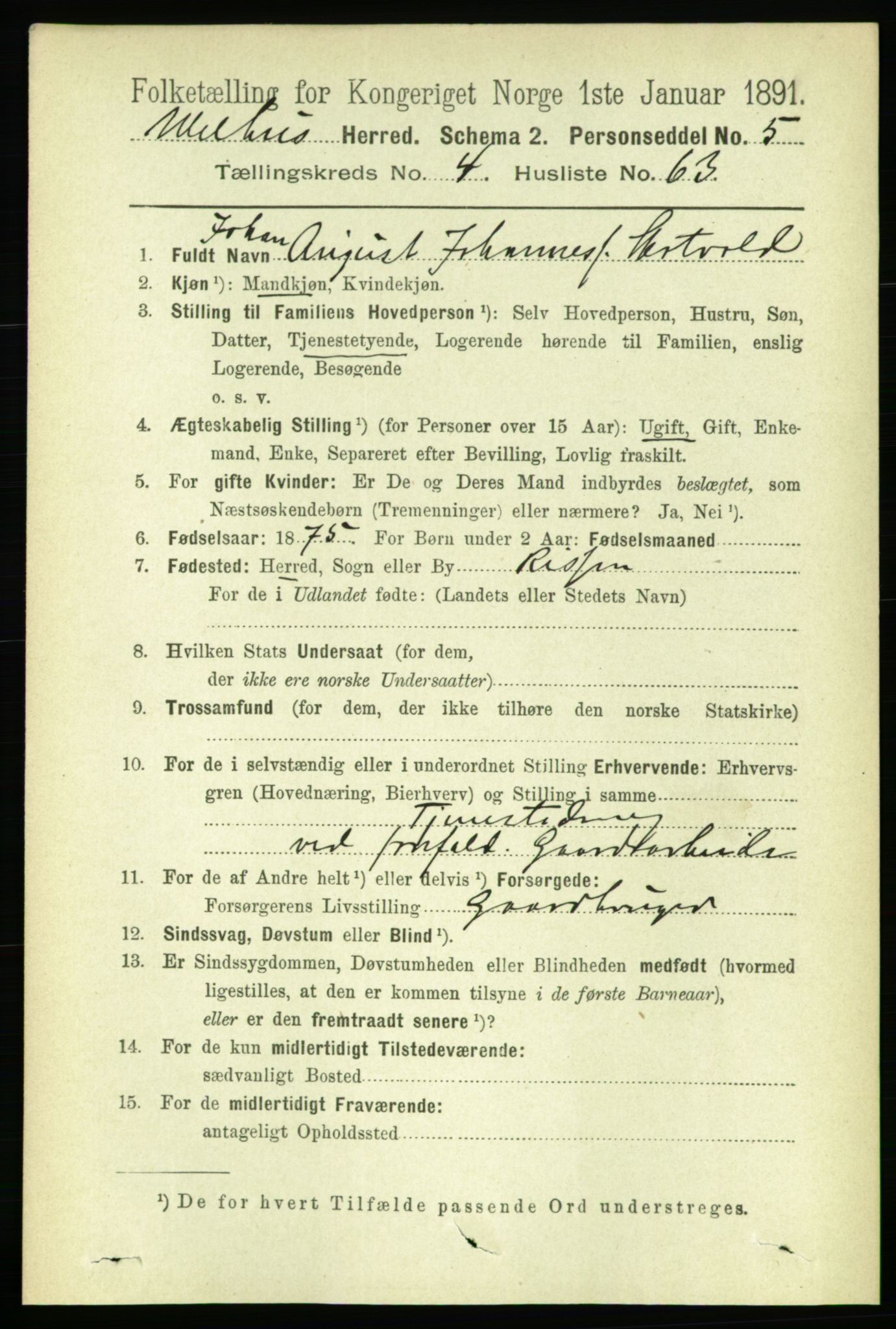 RA, 1891 census for 1653 Melhus, 1891, p. 2289