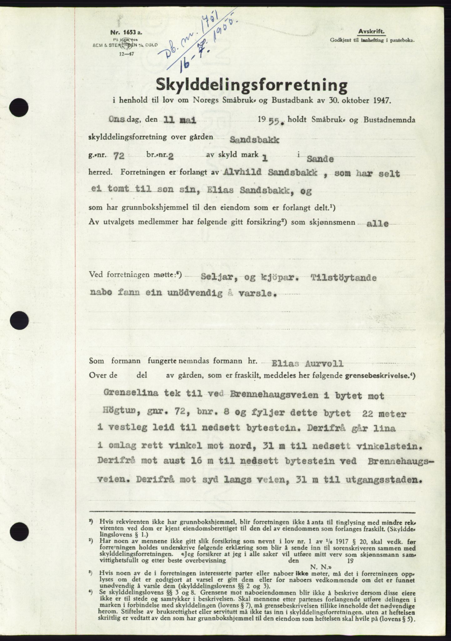 Søre Sunnmøre sorenskriveri, AV/SAT-A-4122/1/2/2C/L0101: Mortgage book no. 27A, 1955-1955, Diary no: : 1751/1955