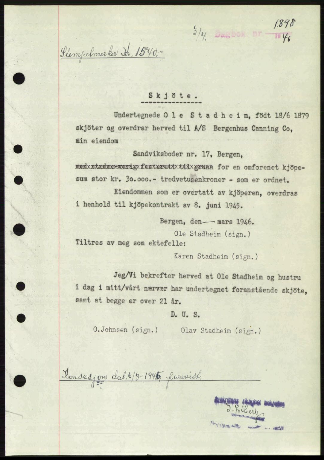 Byfogd og Byskriver i Bergen, SAB/A-3401/03/03Bc/L0022: Mortgage book no. A18, 1946-1946, Diary no: : 1898/1946