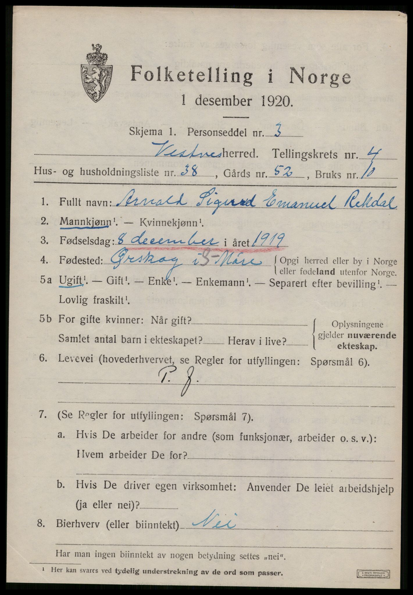 SAT, 1920 census for Vestnes, 1920, p. 3735