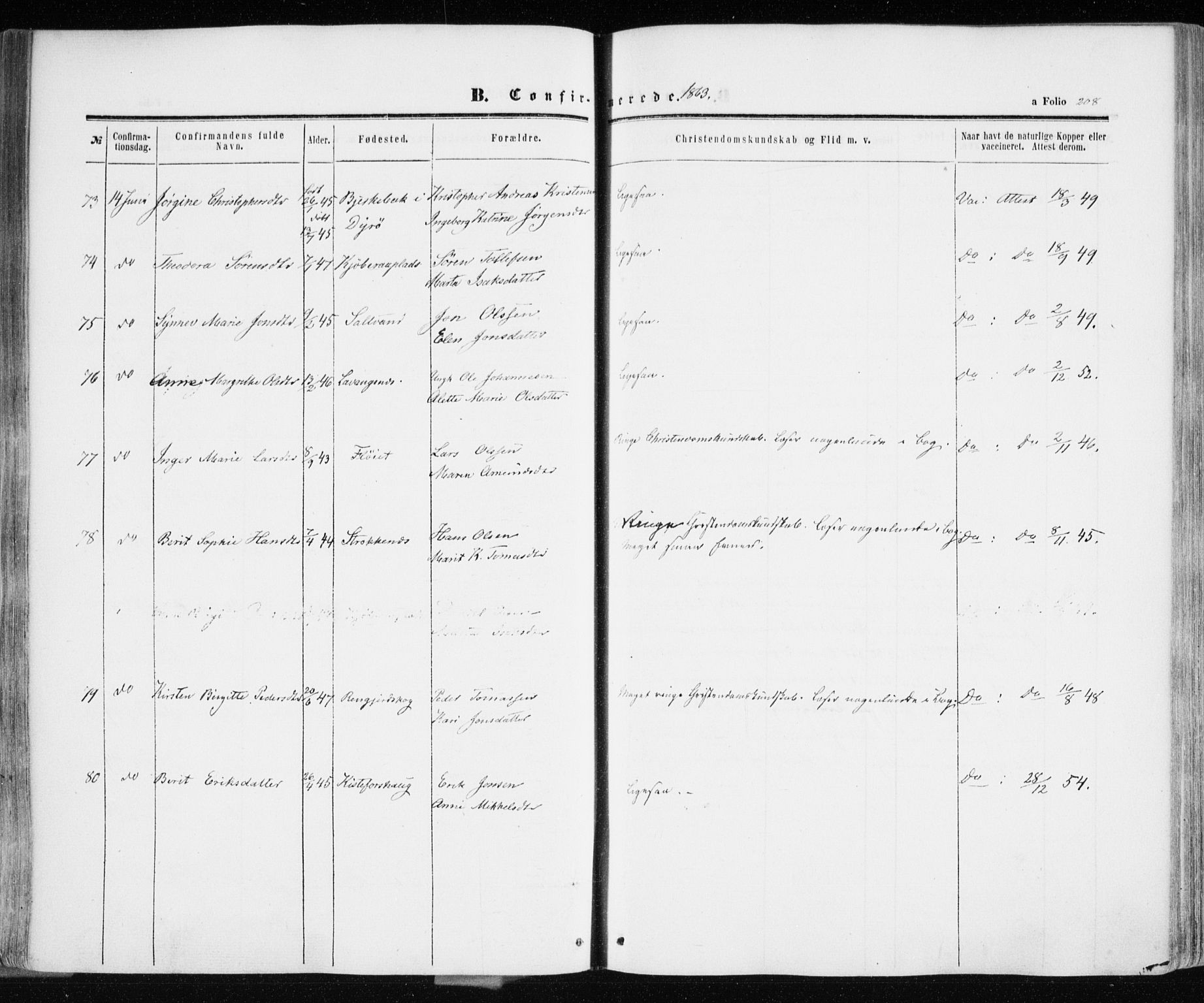 Ibestad sokneprestembete, AV/SATØ-S-0077/H/Ha/Haa/L0009kirke: Parish register (official) no. 9, 1859-1868, p. 208