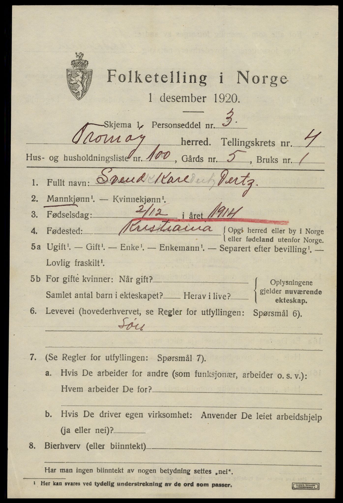 SAK, 1920 census for Tromøy, 1920, p. 3815