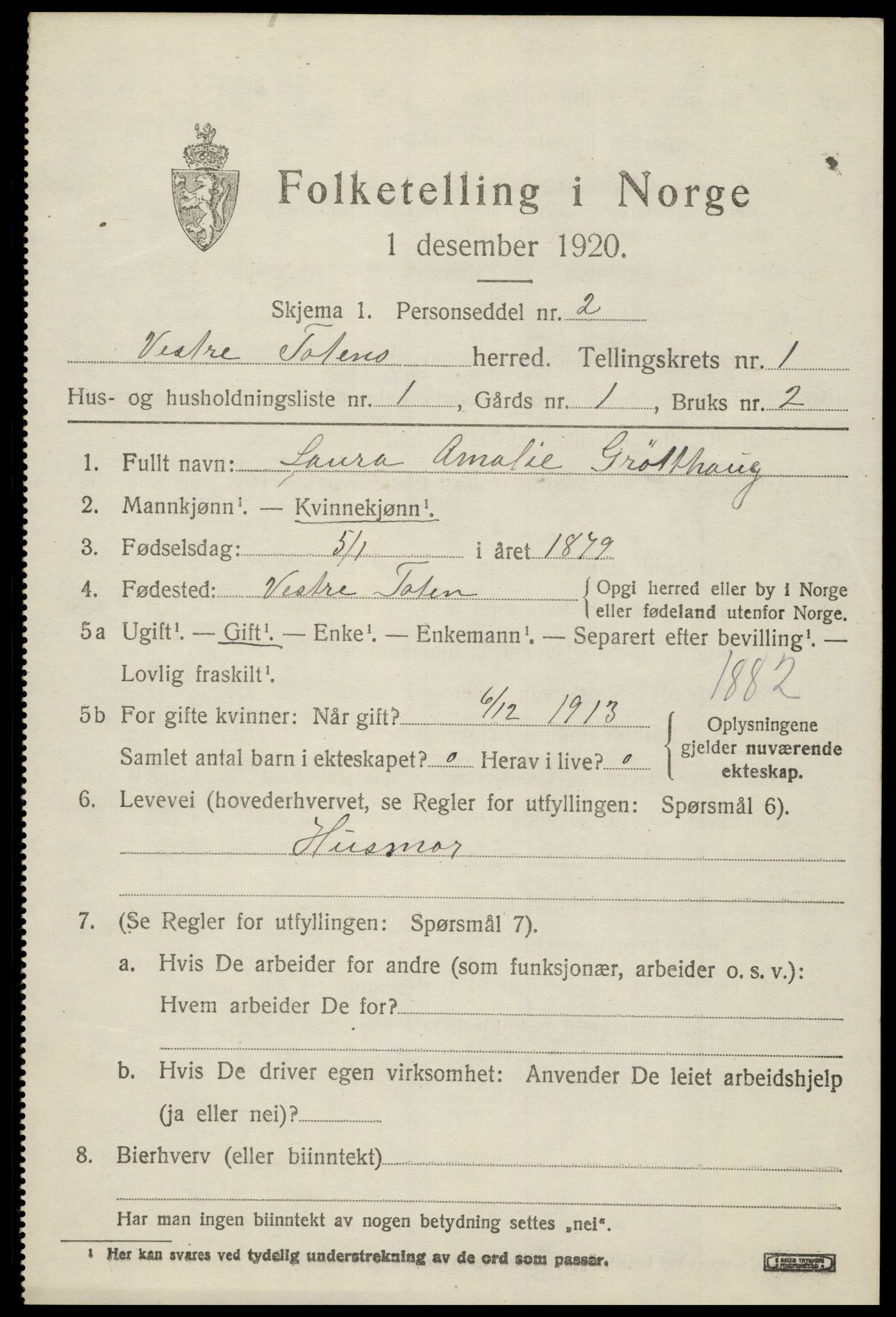 SAH, 1920 census for Vestre Toten, 1920, p. 1854